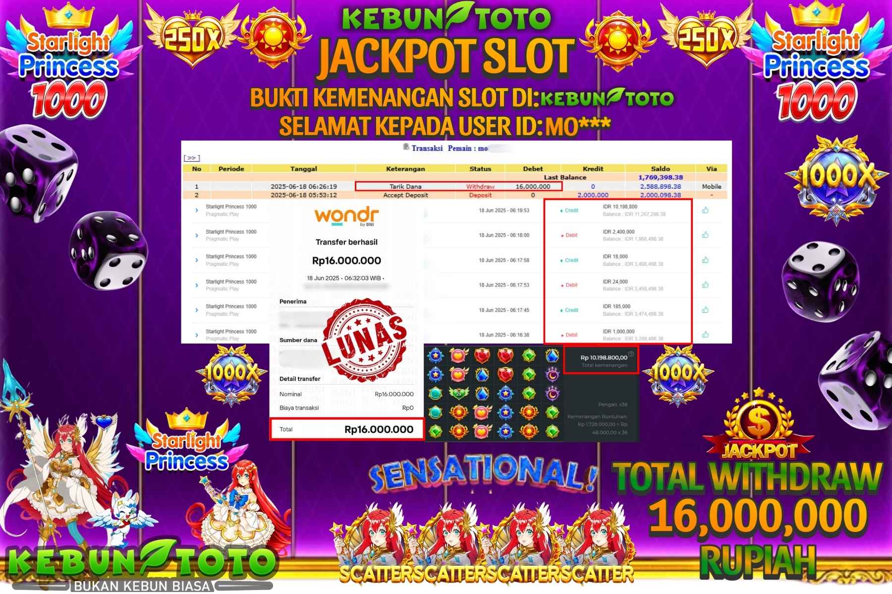Bukti Kemenangan Rp 16.000.000 Slot STARLIGHT PRINCESS 1000 di KEBUNTOTO!