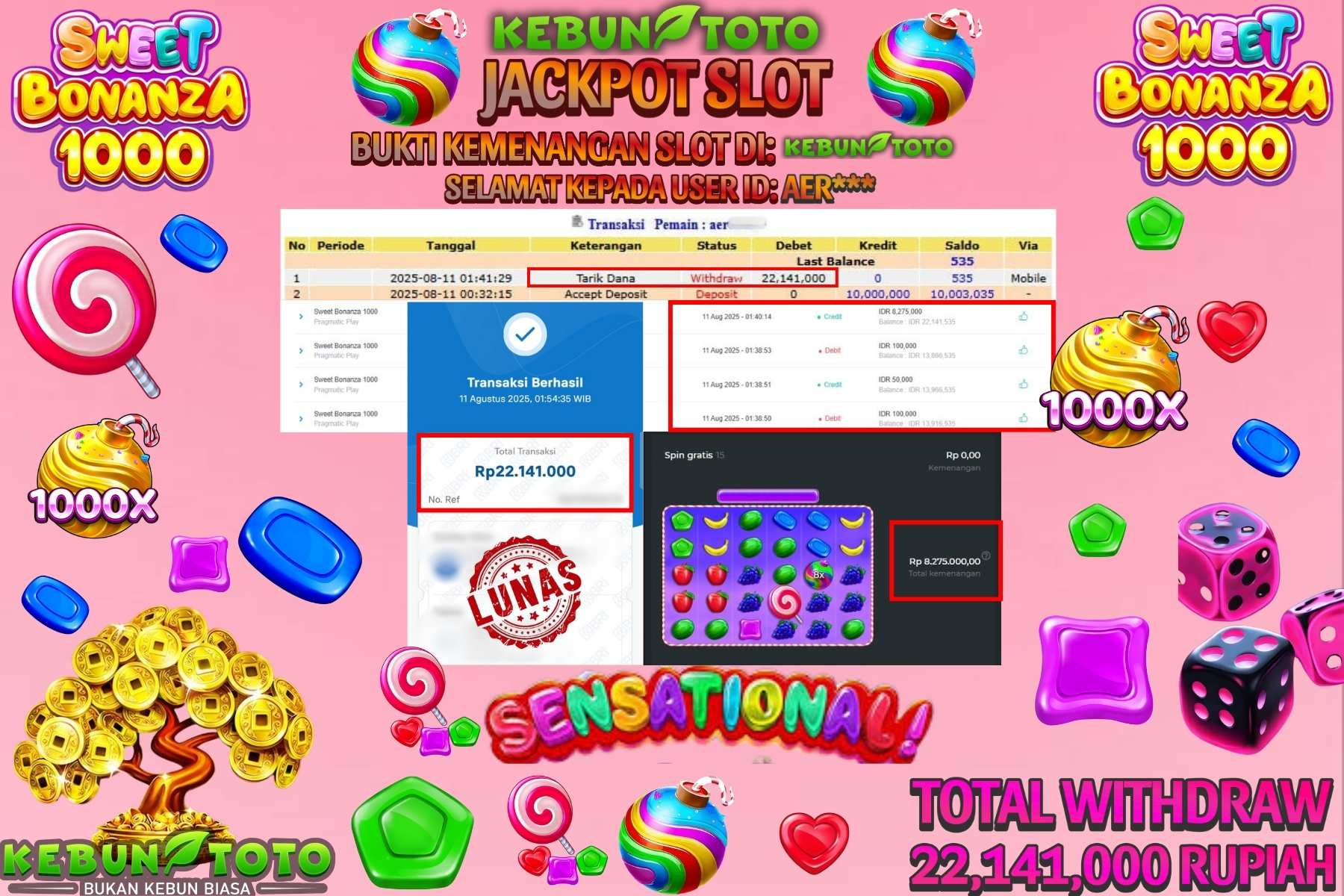 Bukti Kemenangan Rp 22.141.000 SLOT SWEET BONANZA 1000 di KEBUNTOTO!
