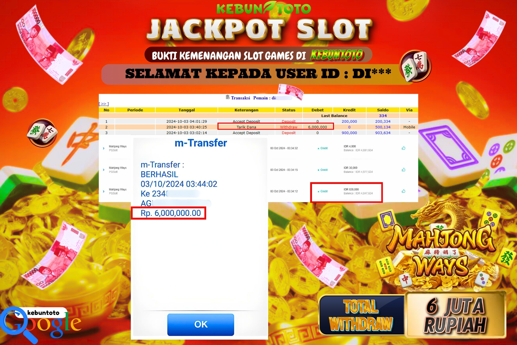 KEBUNTOTO JACKPOT SLOT MAHJONG WAYS Rp.6.000.000,- LUNAS