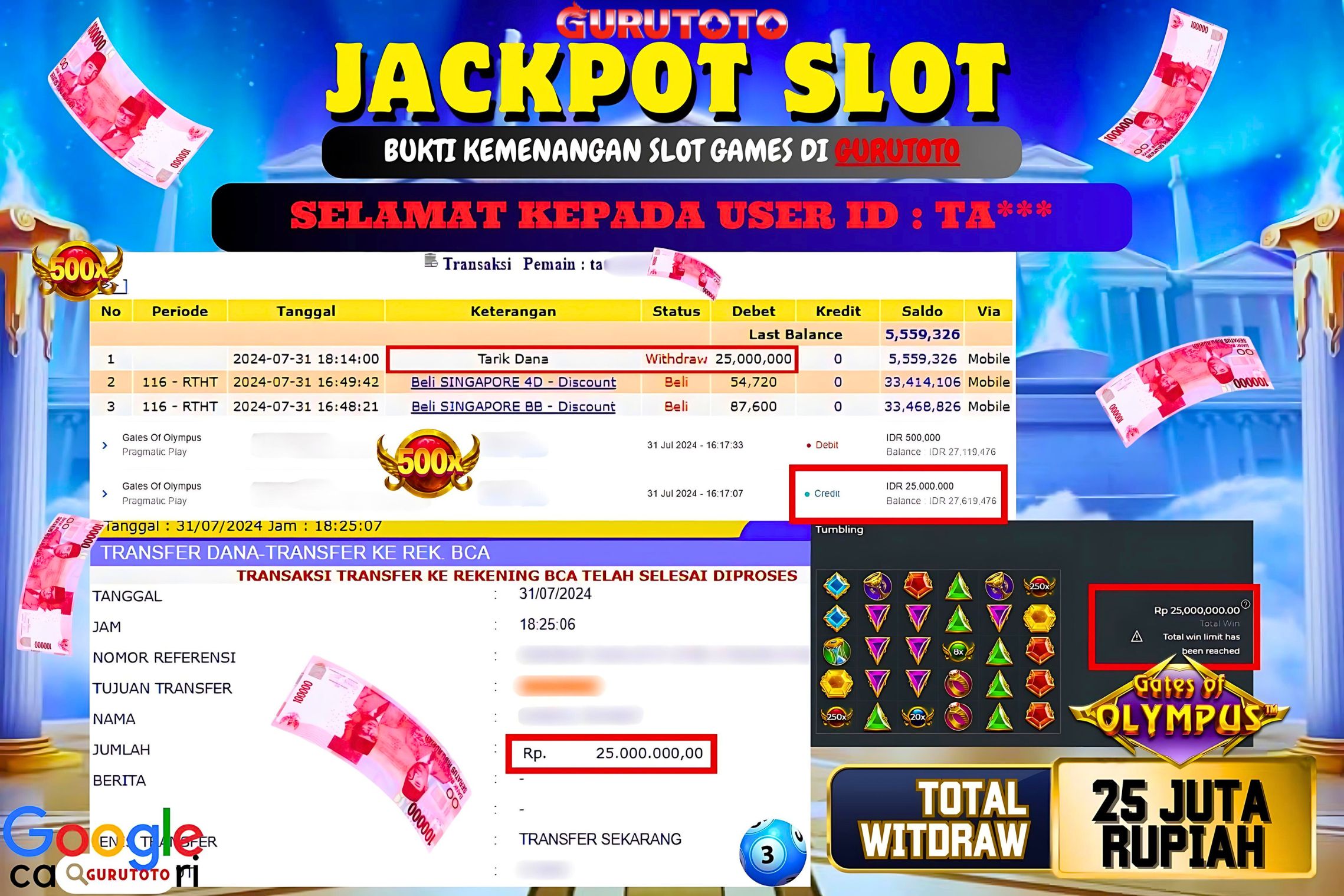 Jackpot Slot Gates of Olympus di Gurutoto sebesar Rp.25.000.000 dibayar lunas.
