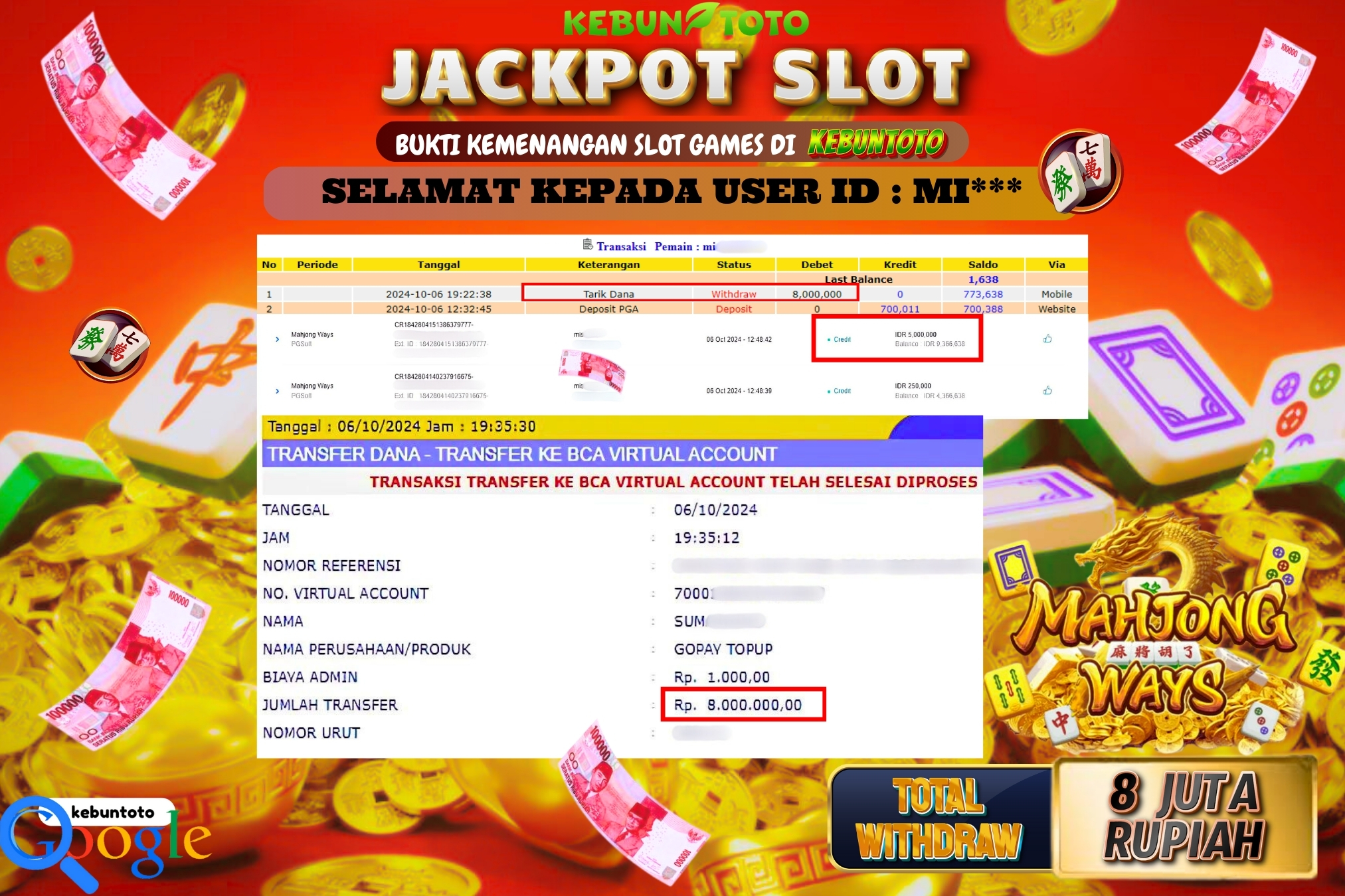 KEBUNTOTO JACKPOT SLOT MAHJONG WAYS Rp.8.000.000,- LUNAS