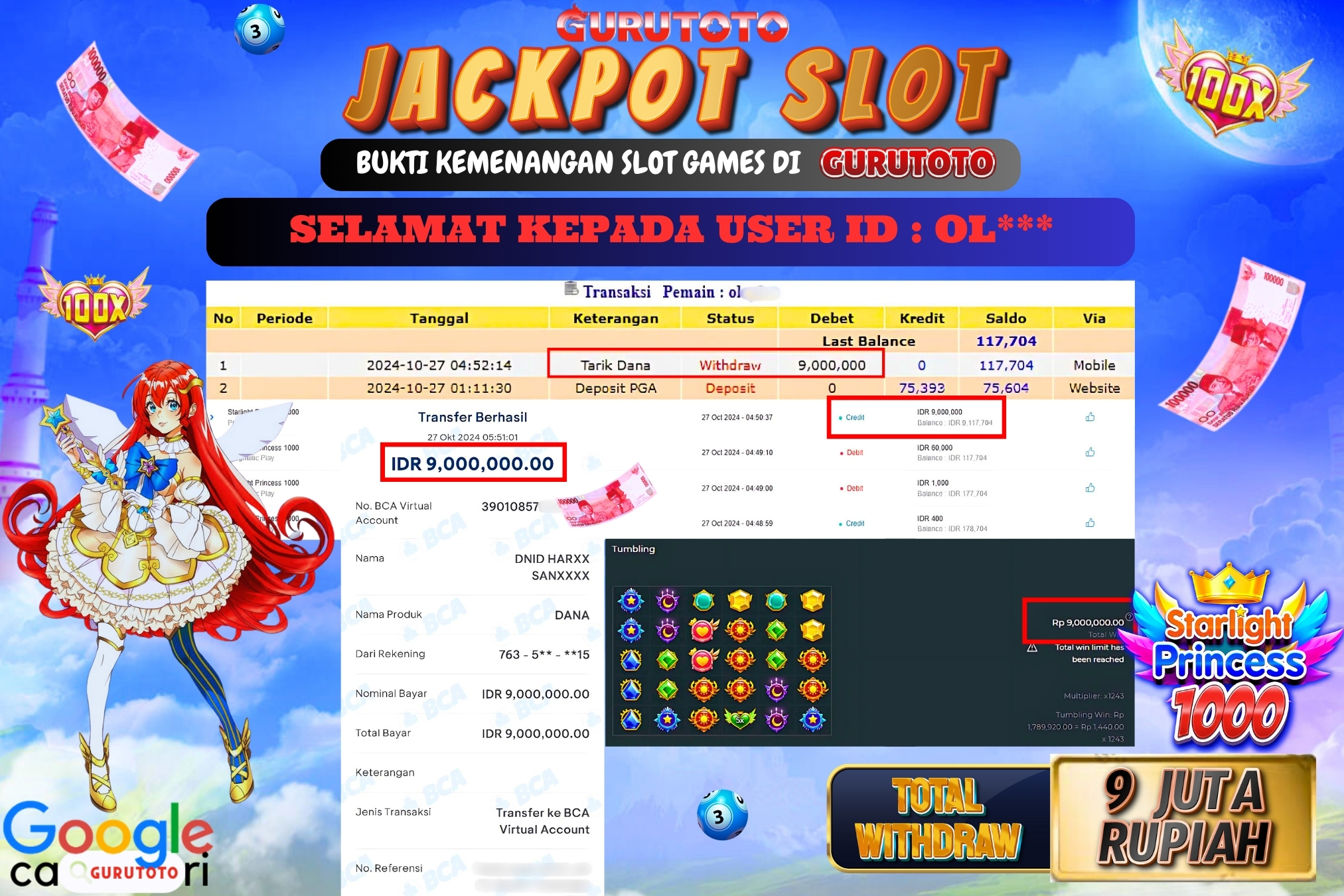 Jackpot Slot Starlight Princess 1000 di Gurutoto sebesar Rp.9.000.000 dibayar lunas.