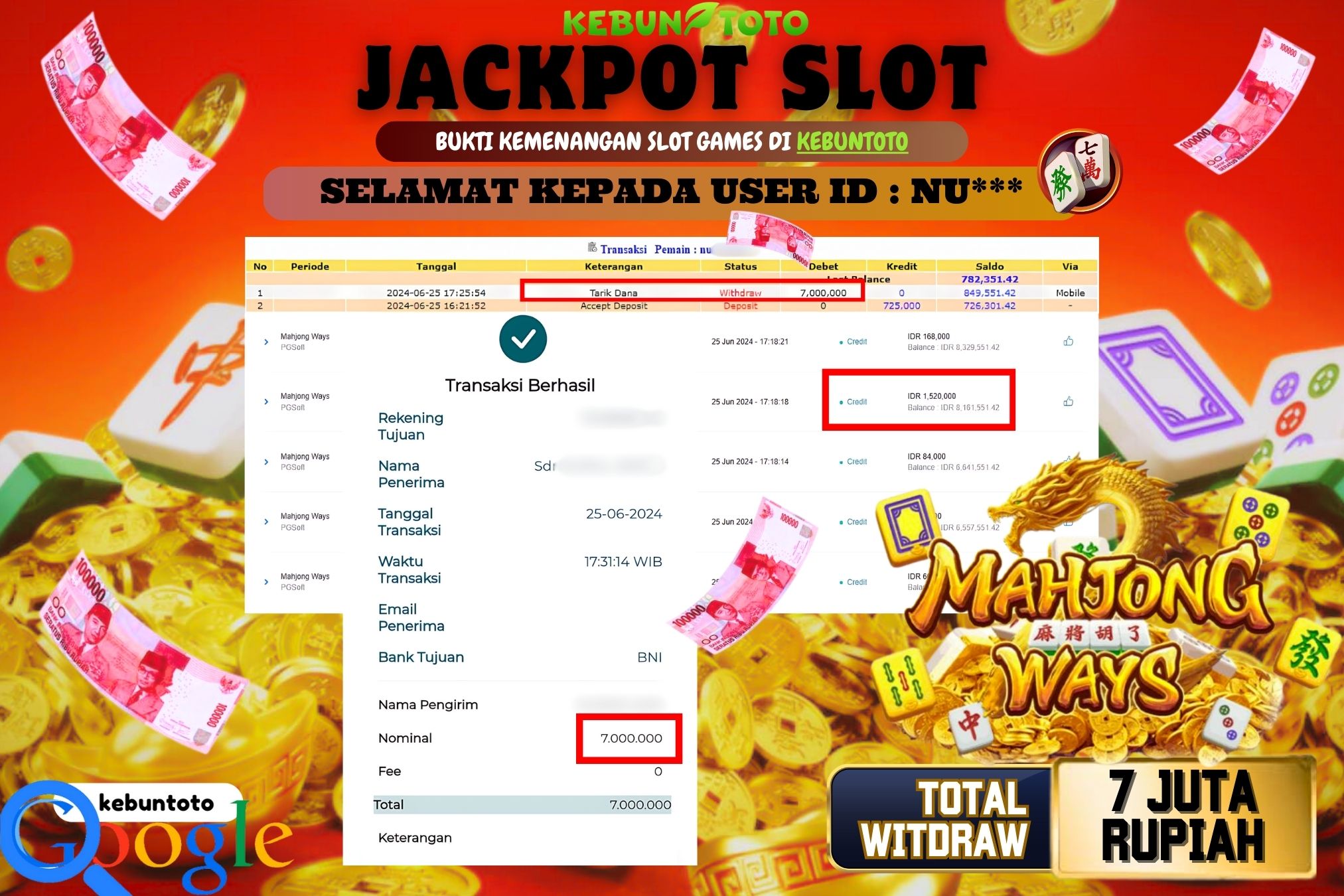 KEBUNTOTO JACKPOT SLOT MAHJONG WAYS Rp.7.000.000,- LUNAS