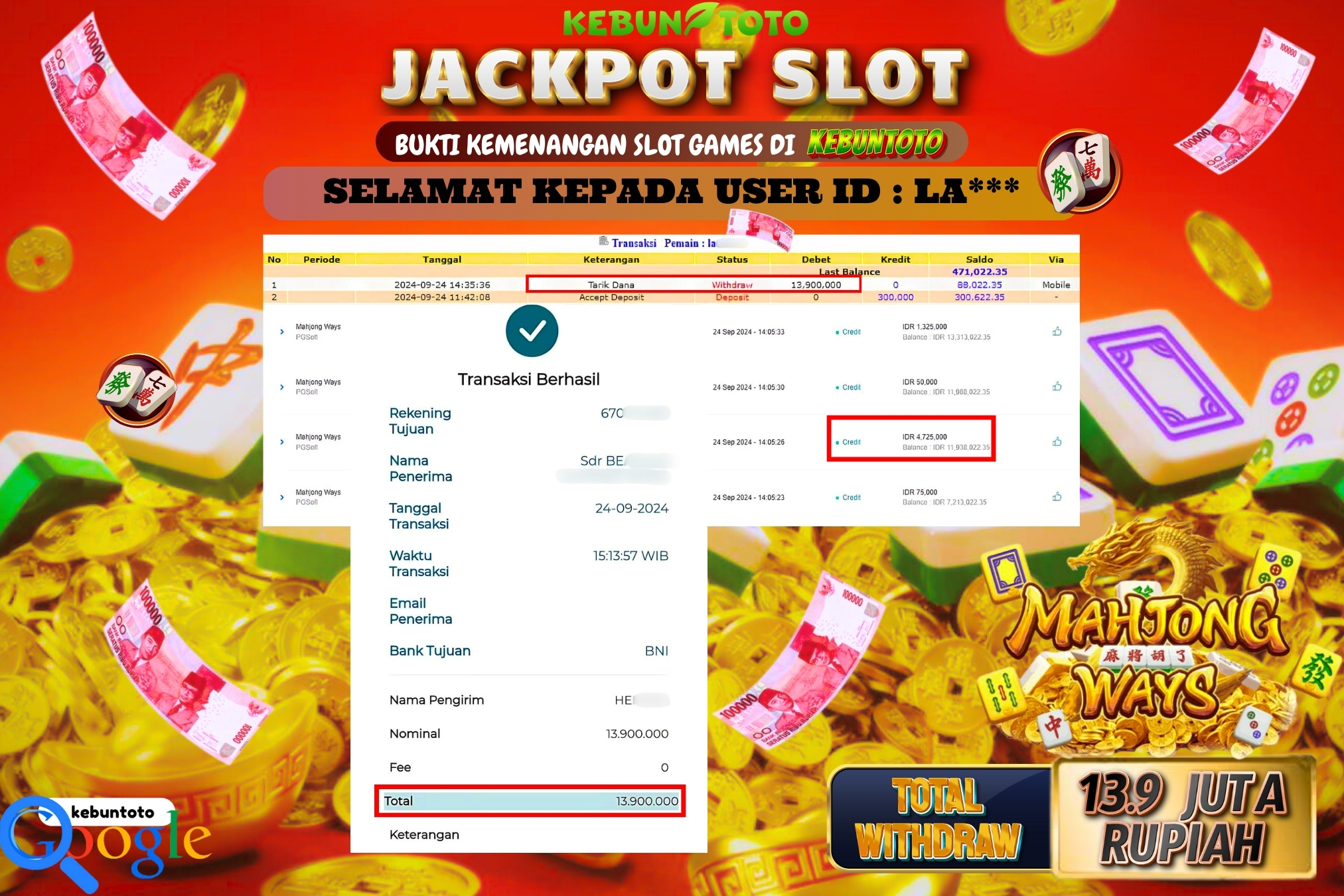 KEBUNTOTO JACKPOT SLOT MAHJONG WAYS Rp.13.900.000,- LUNAS