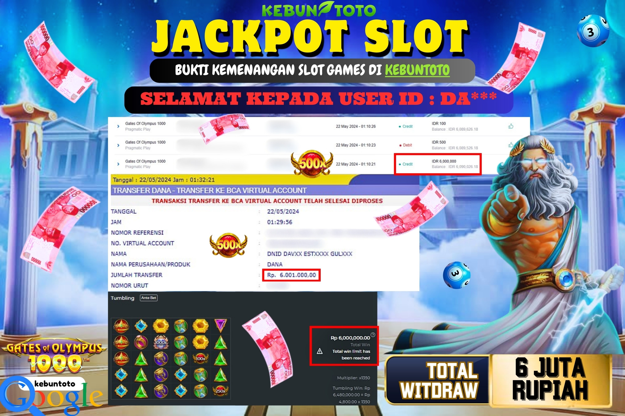 KEBUNTOTO JACKPOT SLOT GATES OF OLYMPUS 1000 Rp.6.001.000,- LUNAS