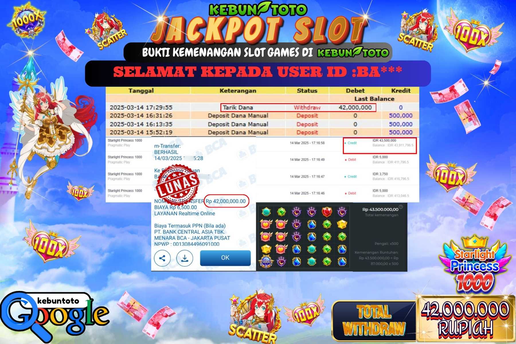 KEBUNTOTO JACKPOT, SLOT STARLIGHT PRINCESS 1000 Sebesar Rp 42.000.000,- LUNAS