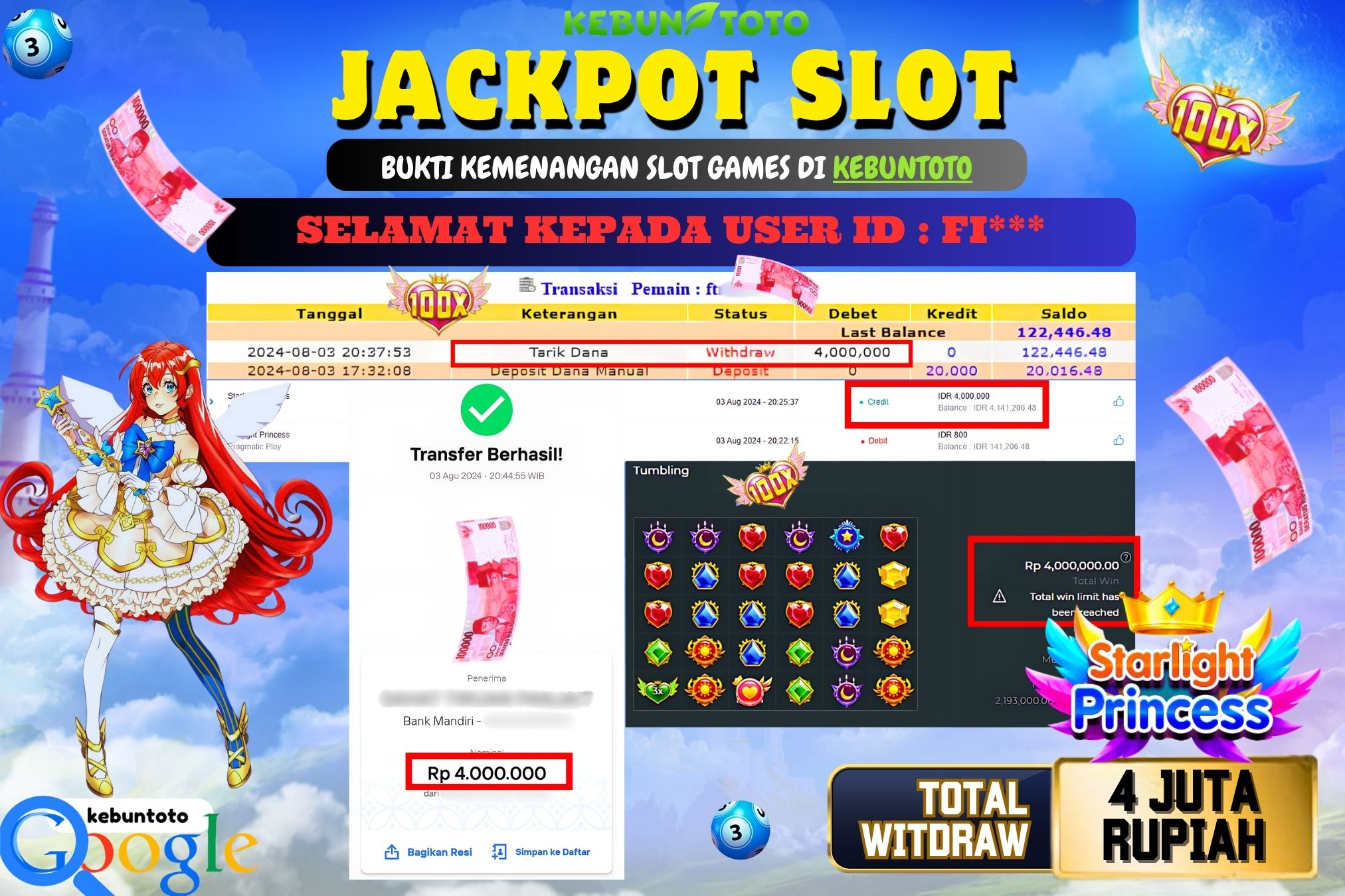 KEBUNTOTO JACKPOT SLOT STARLIGHT PRINCESS Rp.4.000.000,- LUNAS