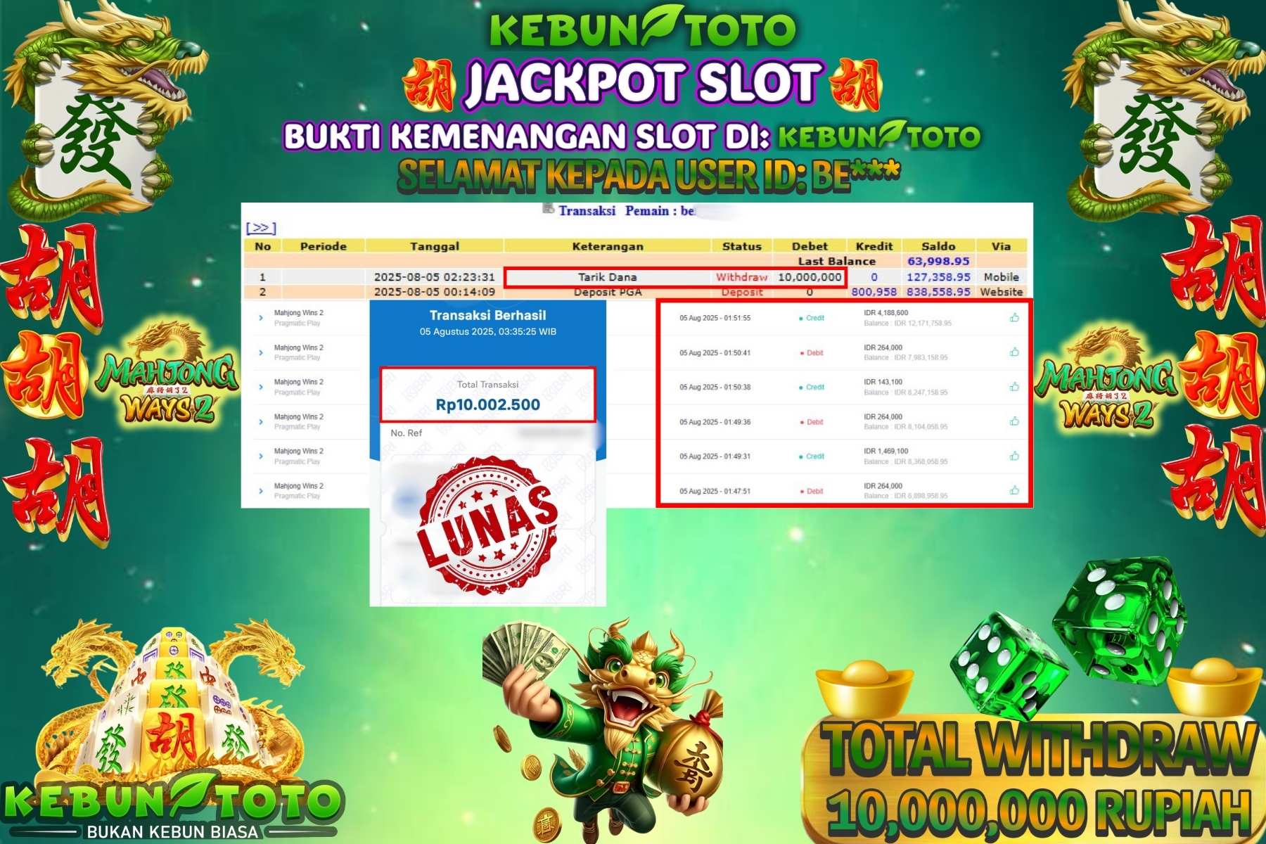 Bukti Kemenangan Rp 10.000.000 SLOT MAHJONG WAYS 2 di KEBUNTOTO!