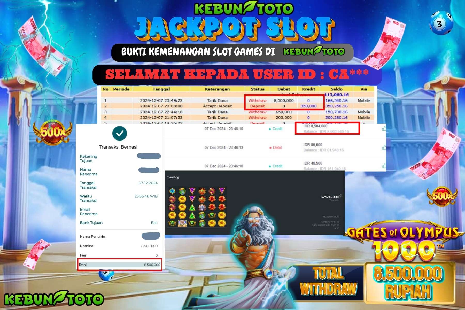 KEBUNTOTO JACKPOT SLOT GATE OF OLYMPUS 1000, Sebesar Rp.8.500.000,- LUNAS
