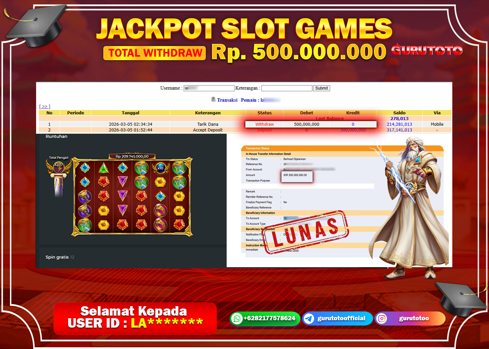 Bukti Kemenangan Rp 500.000.000 GATES OF OLYMPUS di GURUTOTO !