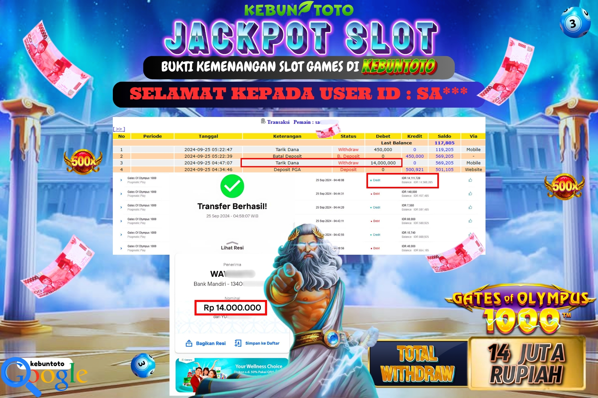KEBUNTOTO JACKPOT SLOT GATES OF OLYMPUS 1000 Rp.14.000.000,- LUNAS