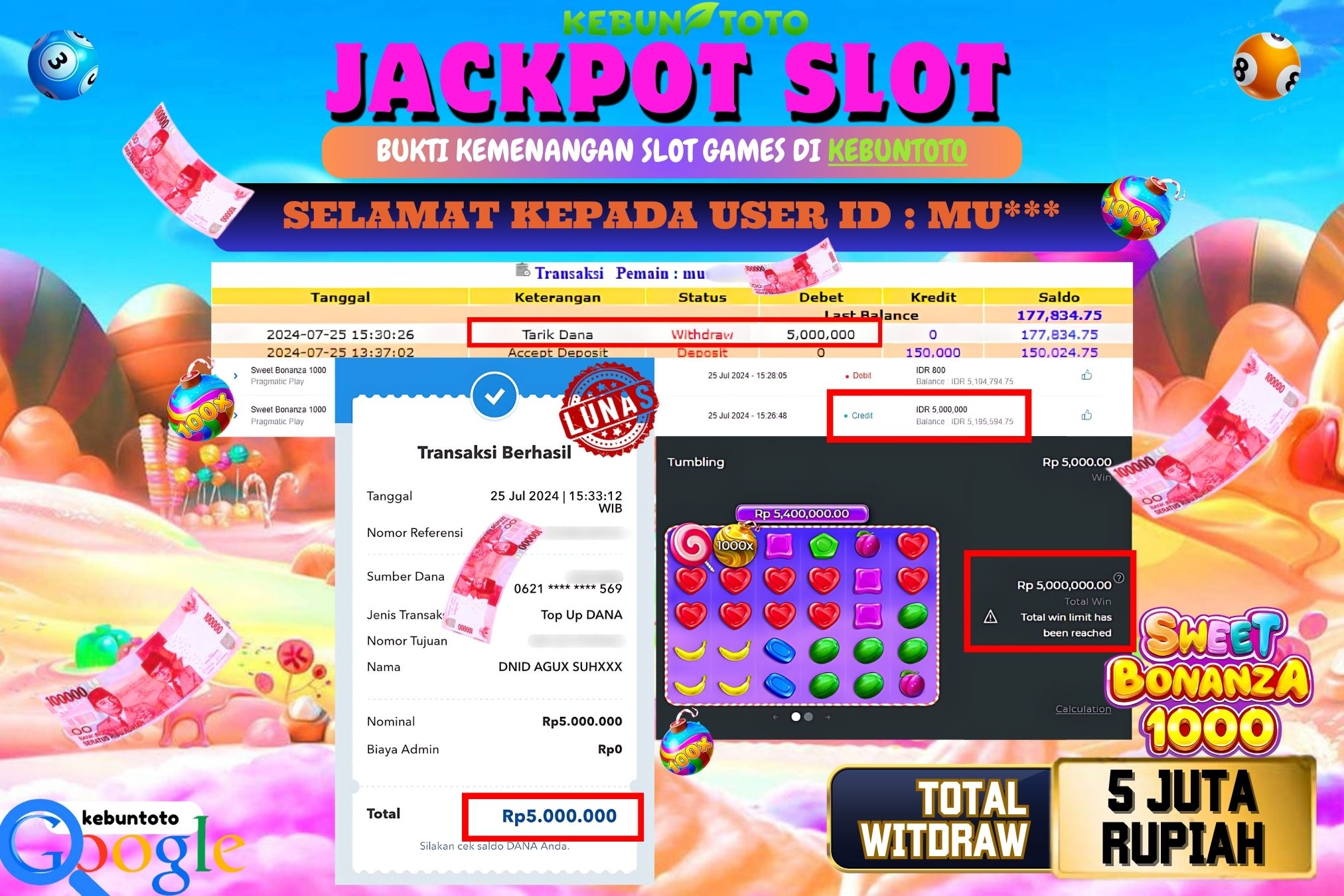 KEBUNTOTO JACKPOT SLOT SWEET BONANZA 1000 Rp.5.000.000,- LUNAS