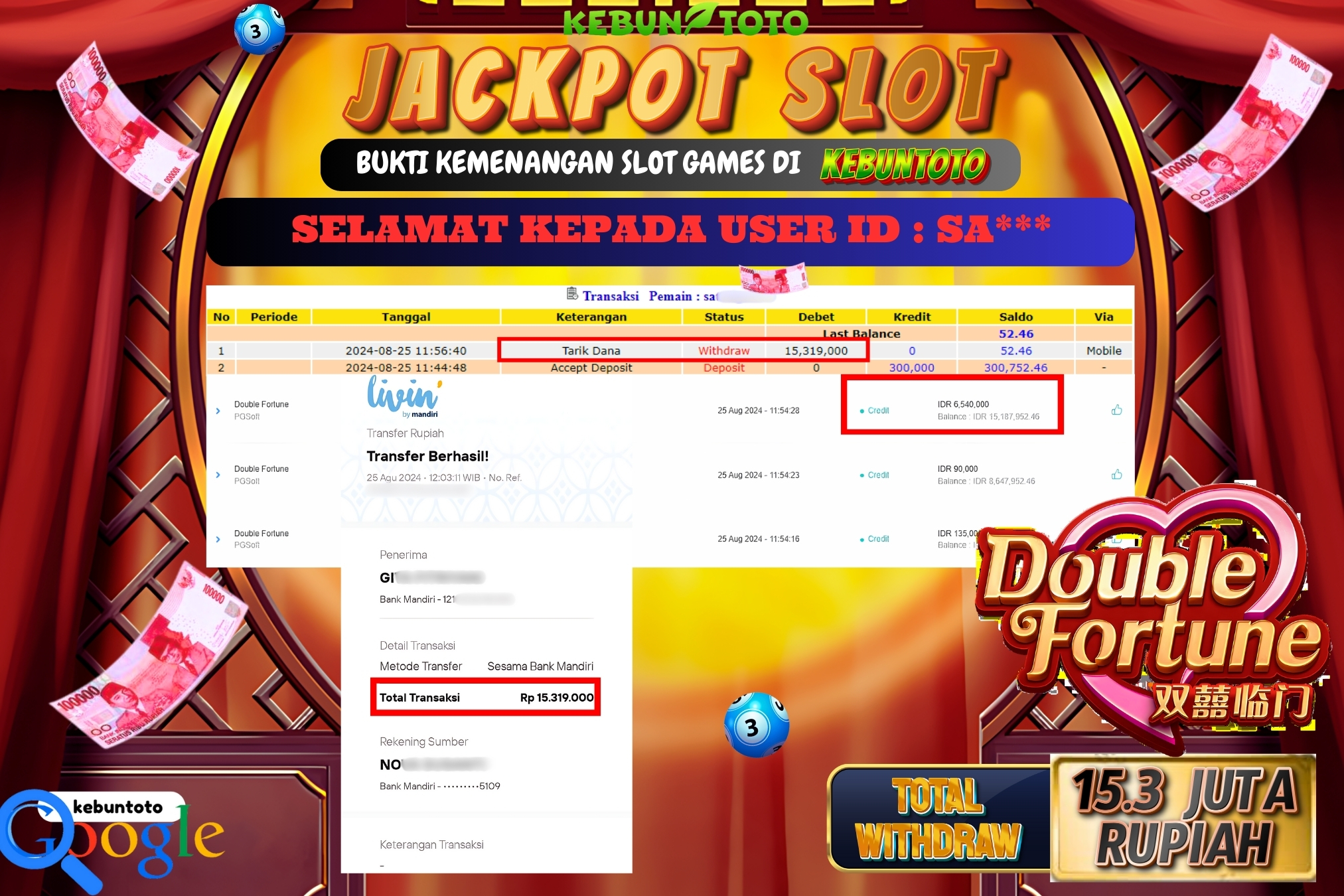 KEBUNTOTO JACKPOT SLOT DOUBLE FORTUNE Rp.15.319.000,- LUNAS