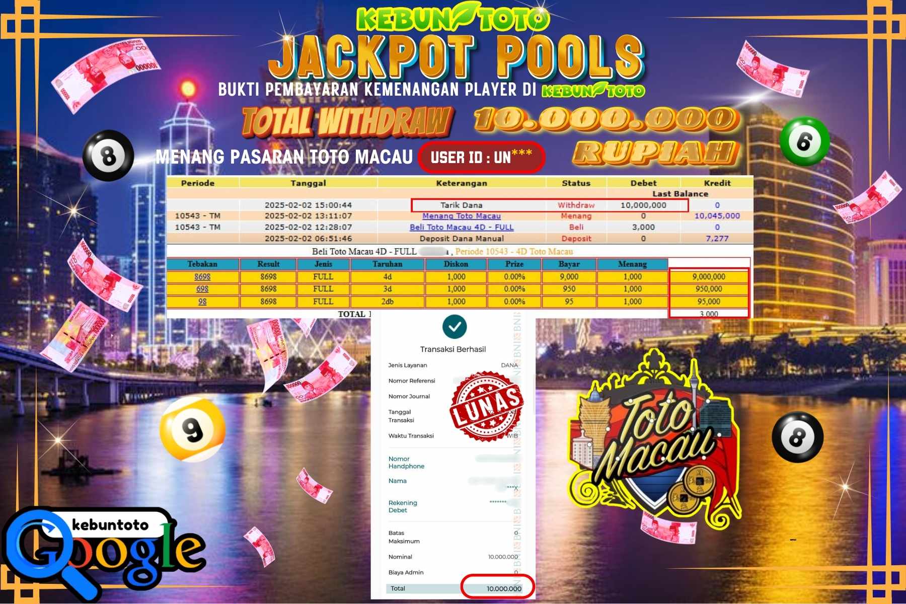 KEBUNTOTO JACKPOT TOTO MACAU POOLS , Sebesar Rp 10.000.000,- LUNAS