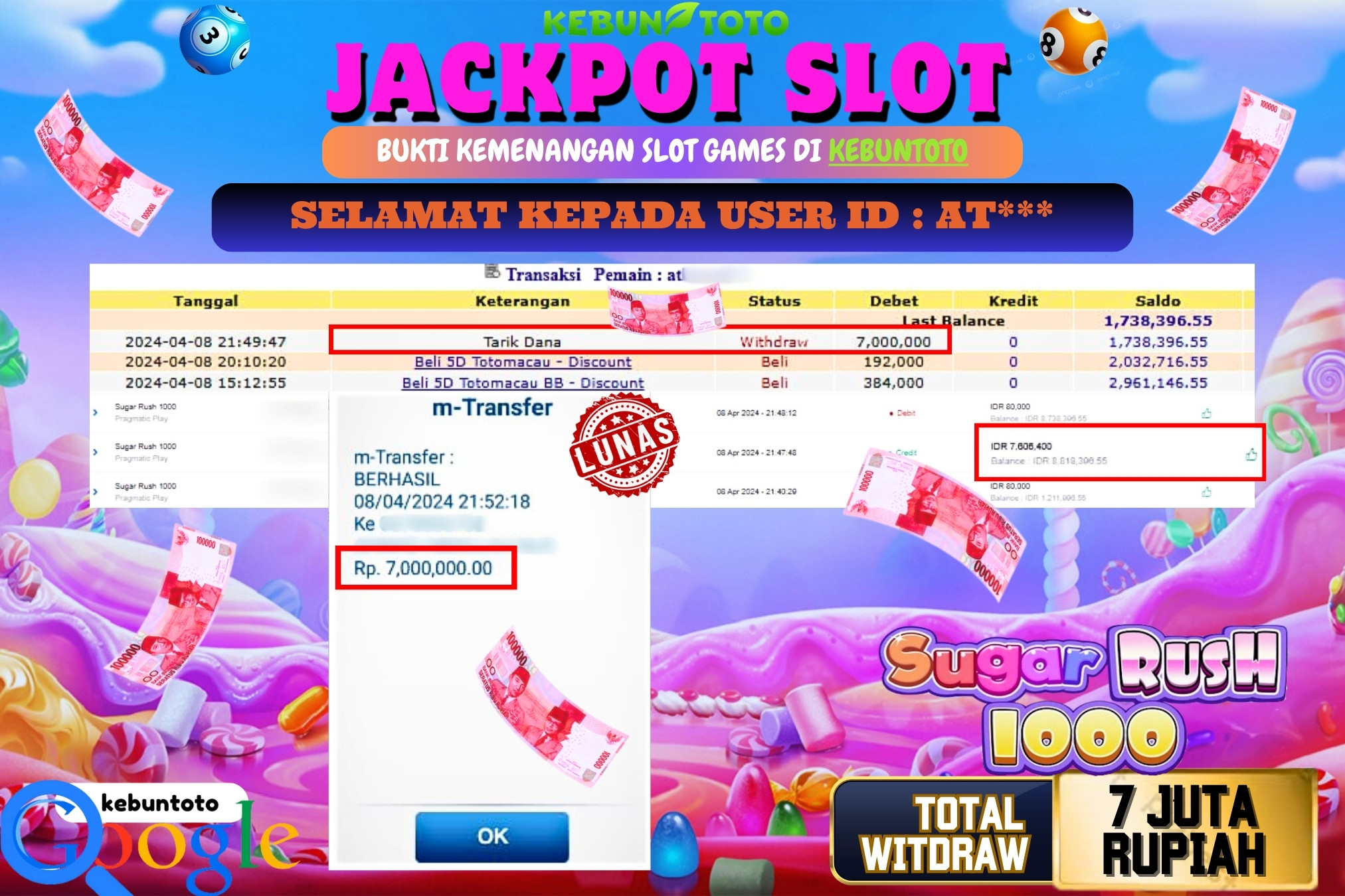 KEBUNTOTO JACKPOT SLOT SUGAR RUSH 1000 Rp.7.000.000,- LUNAS