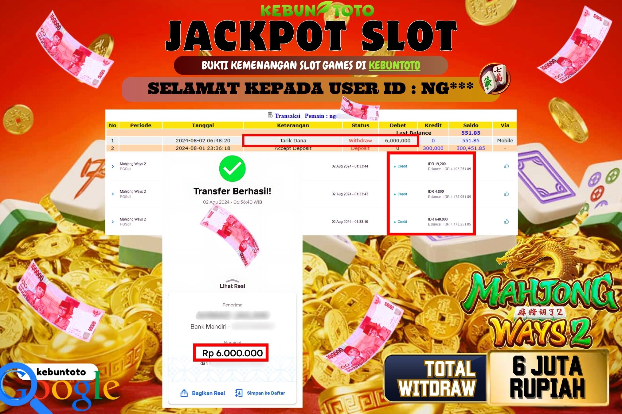 KEBUNTOTO JACKPOT SLOT MAHJONG WAYS 2 Rp.6.000.000,- LUNAS