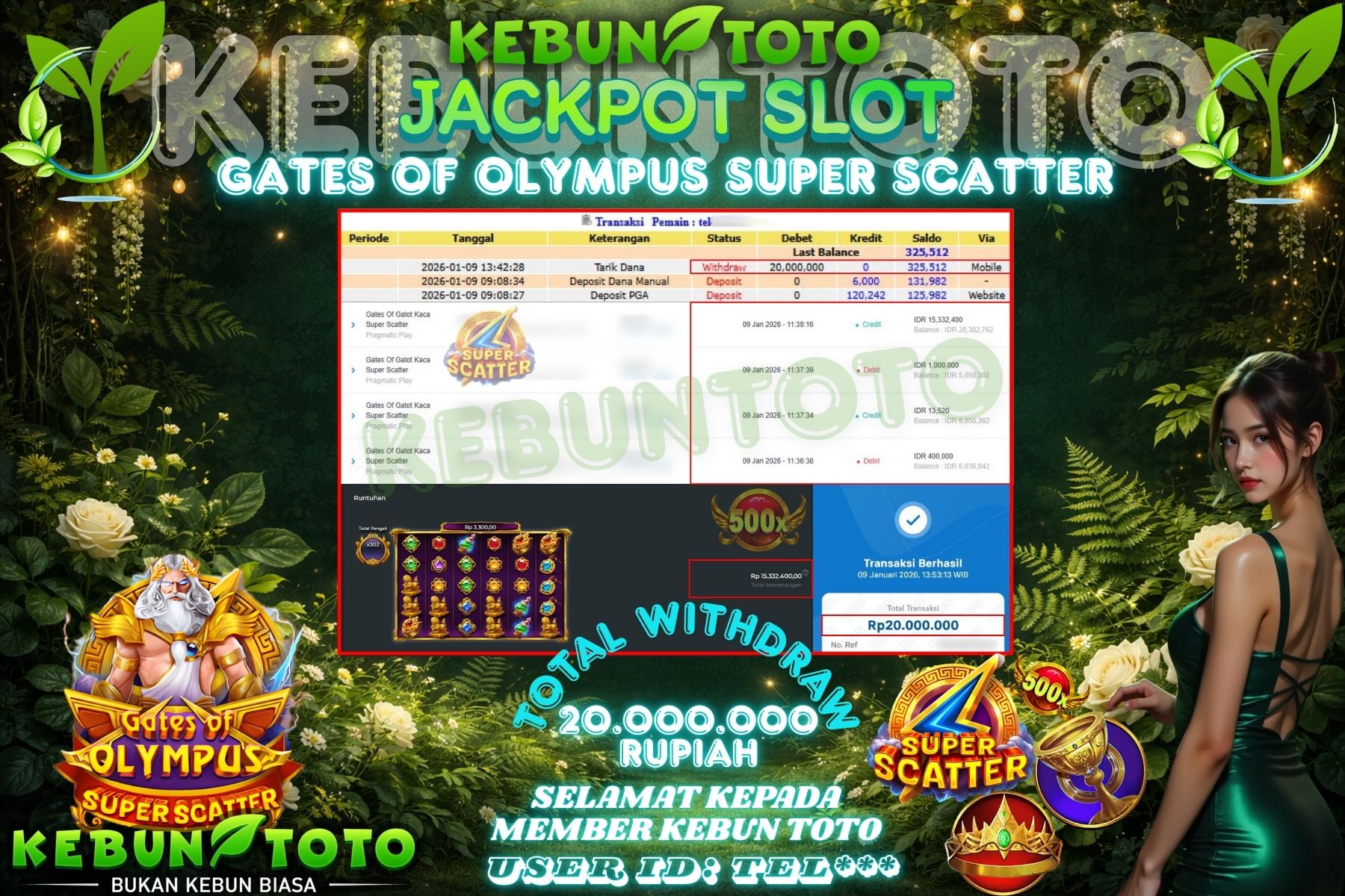 Bukti Kemenangan Rp 20.000.000 SLOT GATES OF OLYMPUS SUPER SCATTER di KEBUNTOTO!