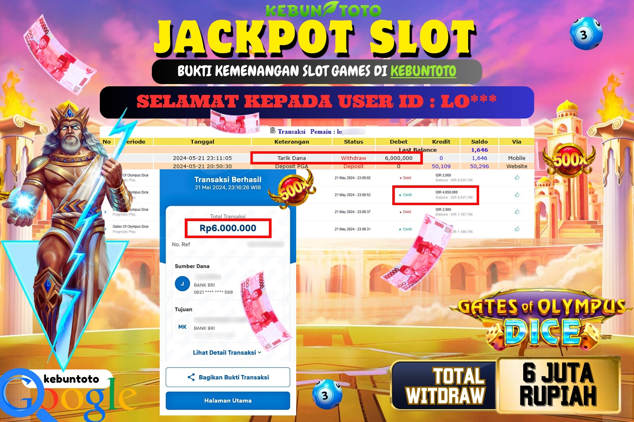 KEBUNTOTO JACKPOT SLOT GATES OF OLYMPUS DICE Rp.6.000.000,- LUNAS