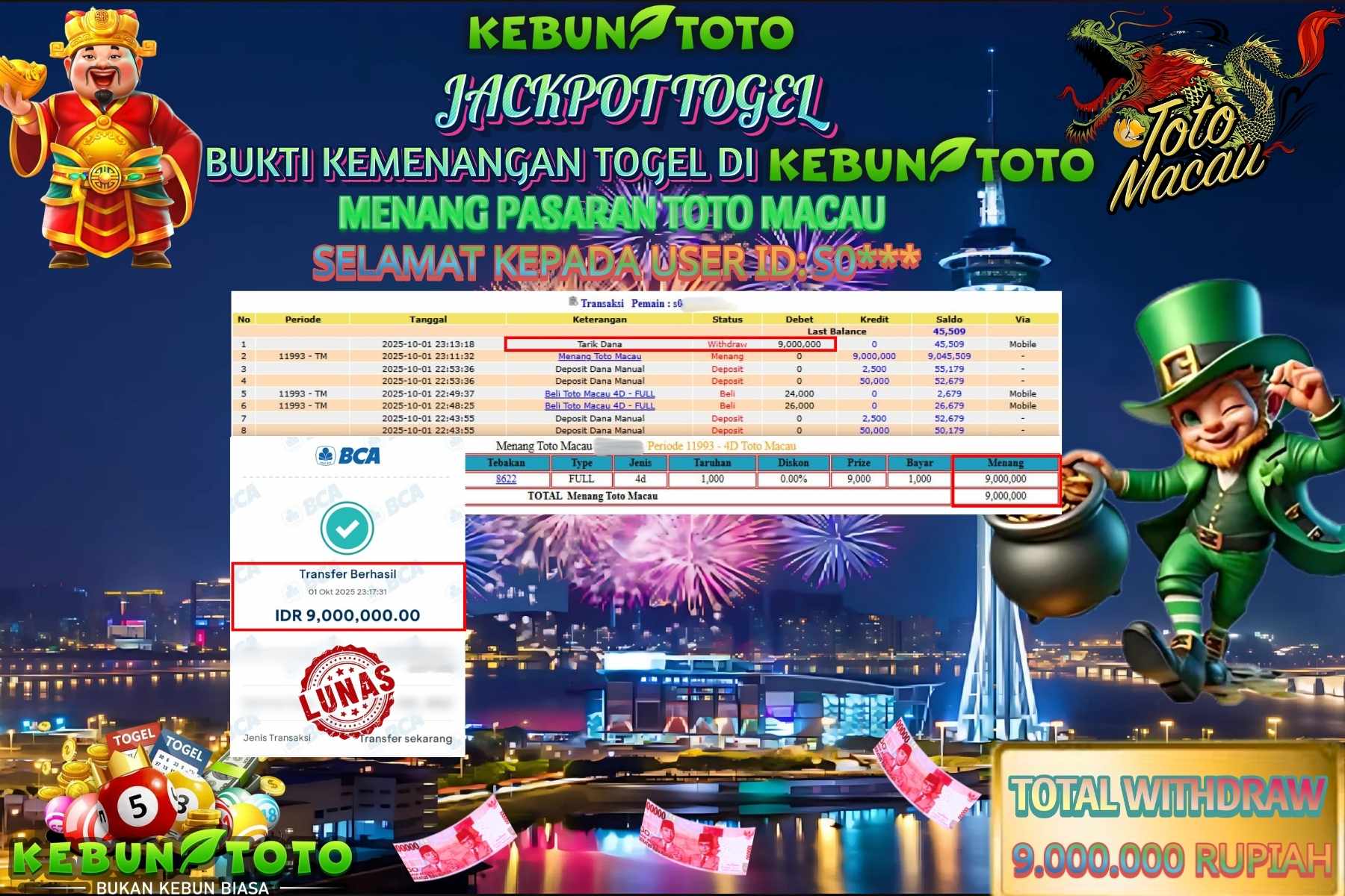 Bukti Kemenangan Rp 9.000.000 TOGEL TOTO MACAU di KEBUNTOTO!