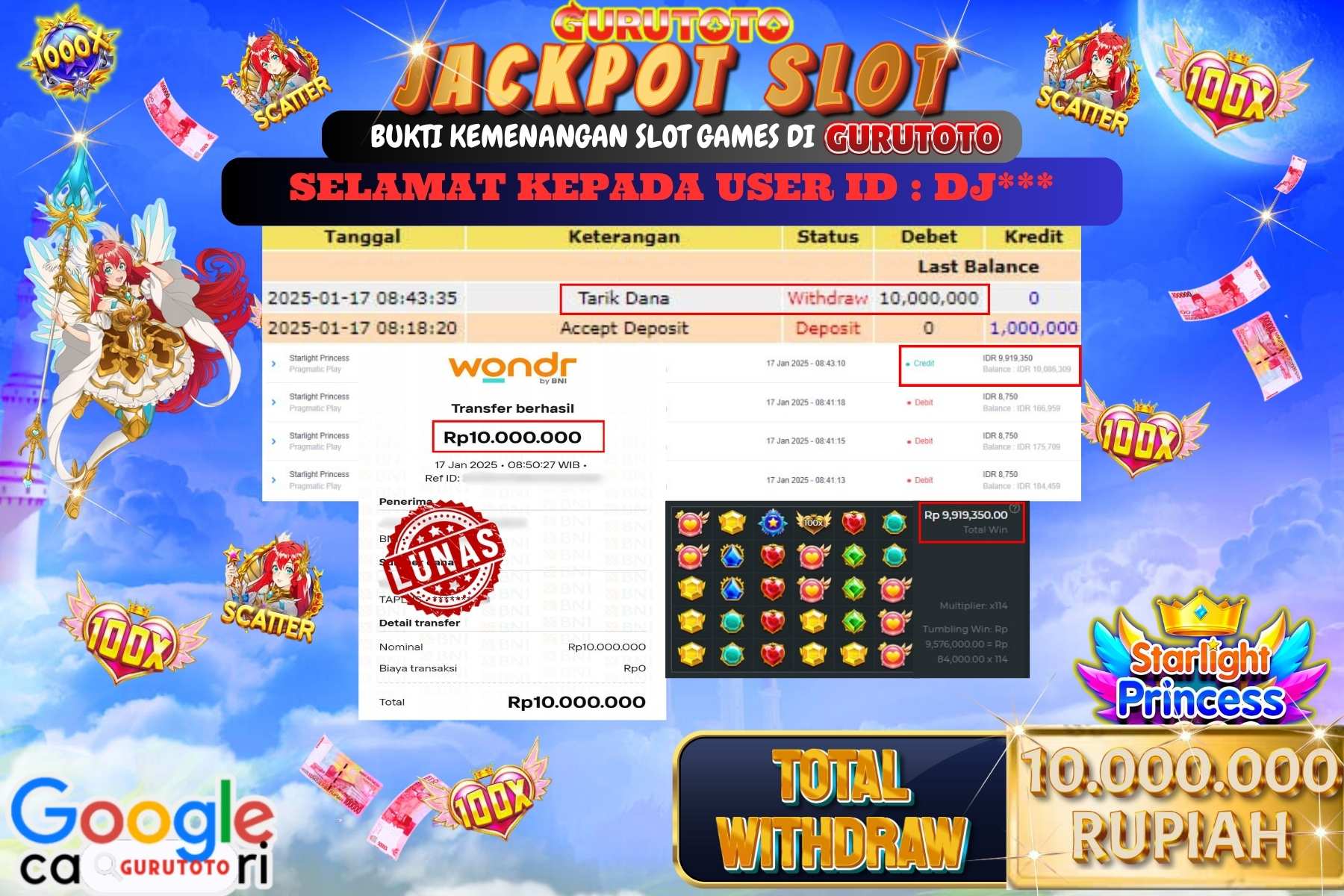 GURUTOTO, JACKPOT SLOT STARLIGHT PRINCESS sebesar Rp.10.000.000,- dibayar lunas.
