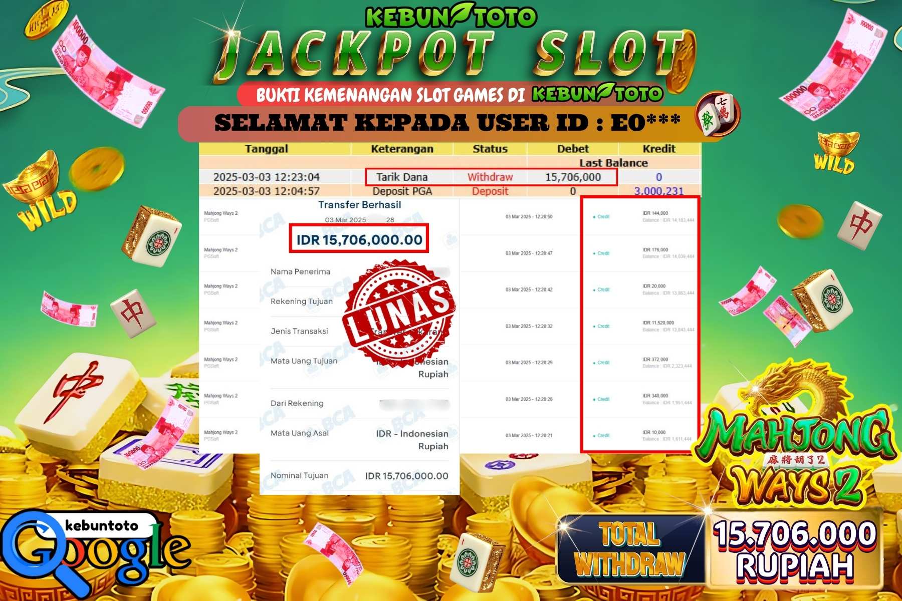 KEBUNTOTO JACKPOT, SLOT MAHJONG WAYS 2 Sebesar Rp 15.706.000,- LUNAS