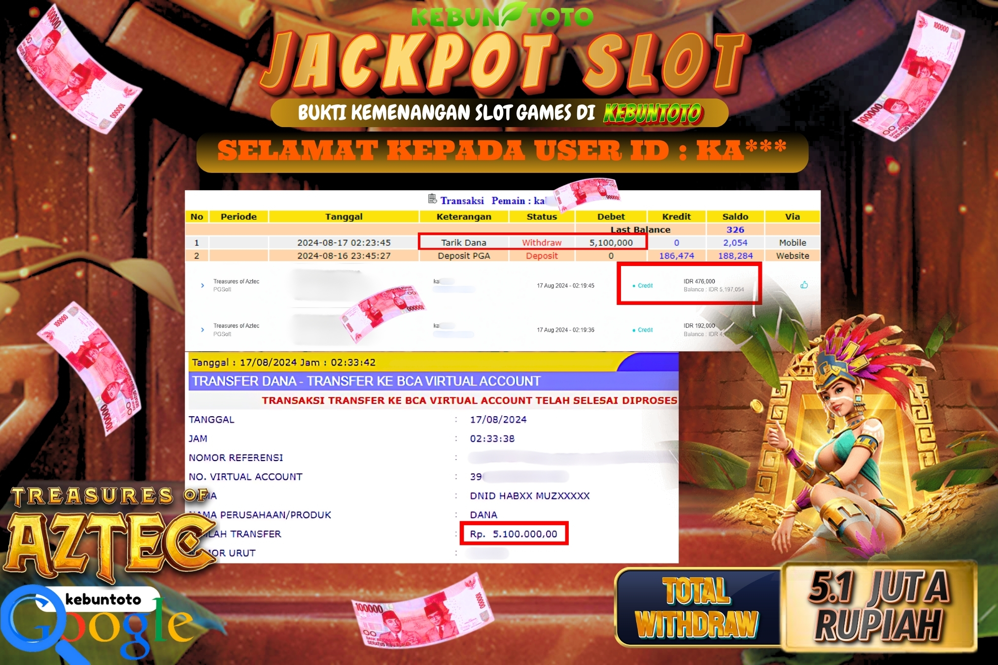 KEBUNTOTO JACKPOT SLOT TREASURE OF AZTEC Rp.5.100.000,- LUNAS