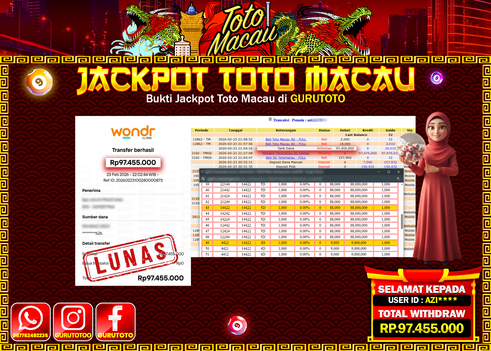 Bukti Kemenangan Rp 97.455.000 TOTO MACAU 5D di GURUTOTO !