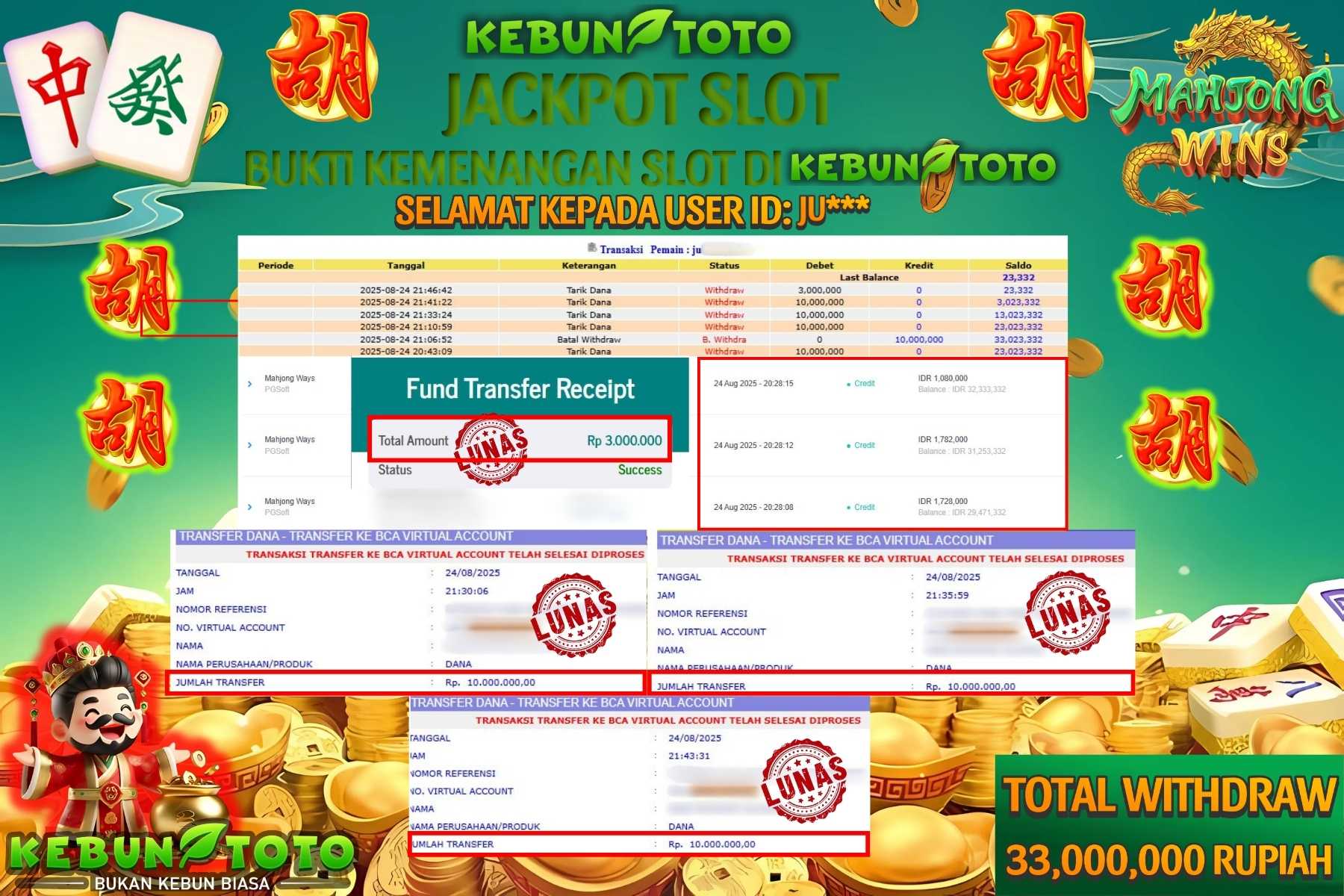 Bukti Kemenangan Rp 33.000.000 SLOT MAHJONG WAYS di KEBUNTOTO!