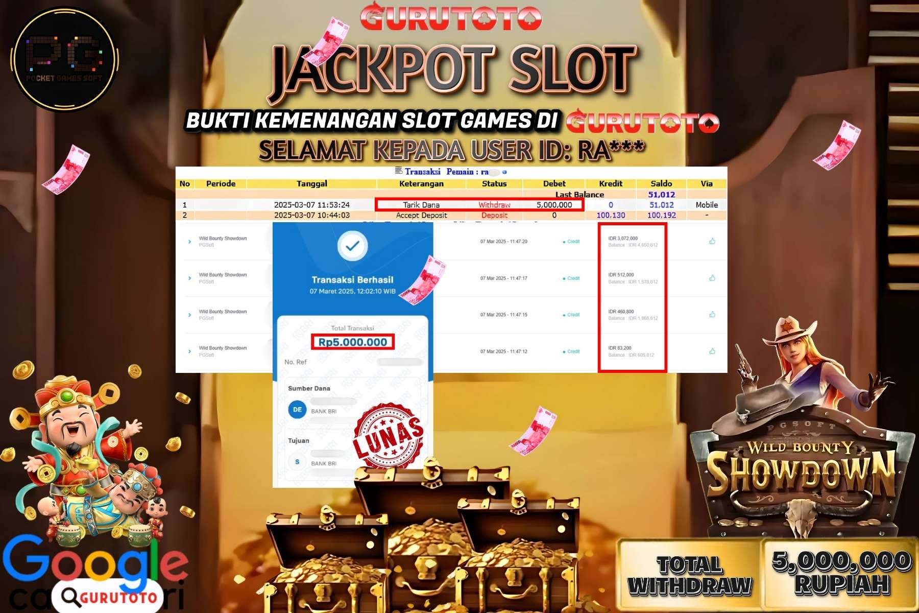 GURUTOTO JACKPOT, WILD BOUNTY SHOWDOWN, Sebesar Rp 5.000.000,- LUNAS