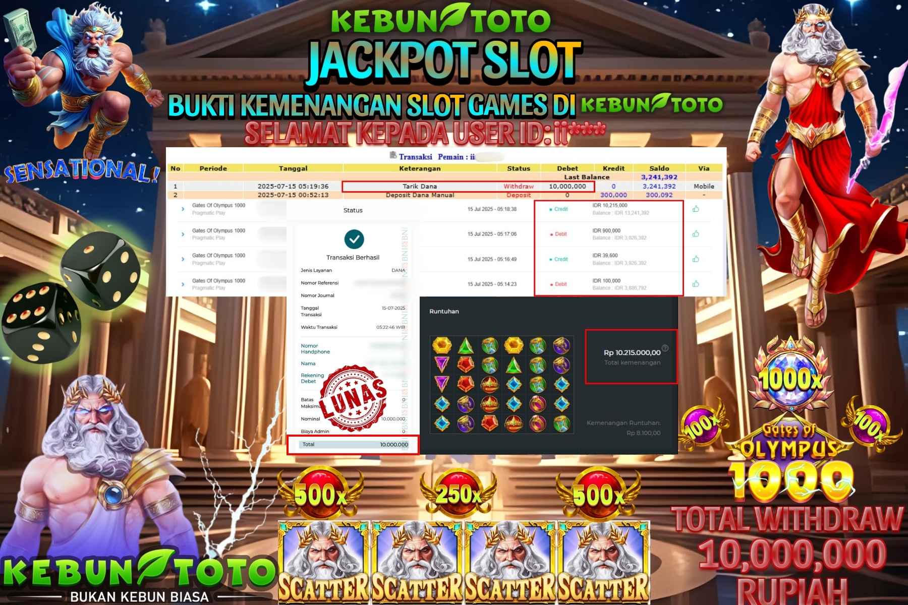 Bukti Kemenangan Rp 10.000.000 SLOT GATES OF OLYMPUS 10000 di KEBUNTOTO!