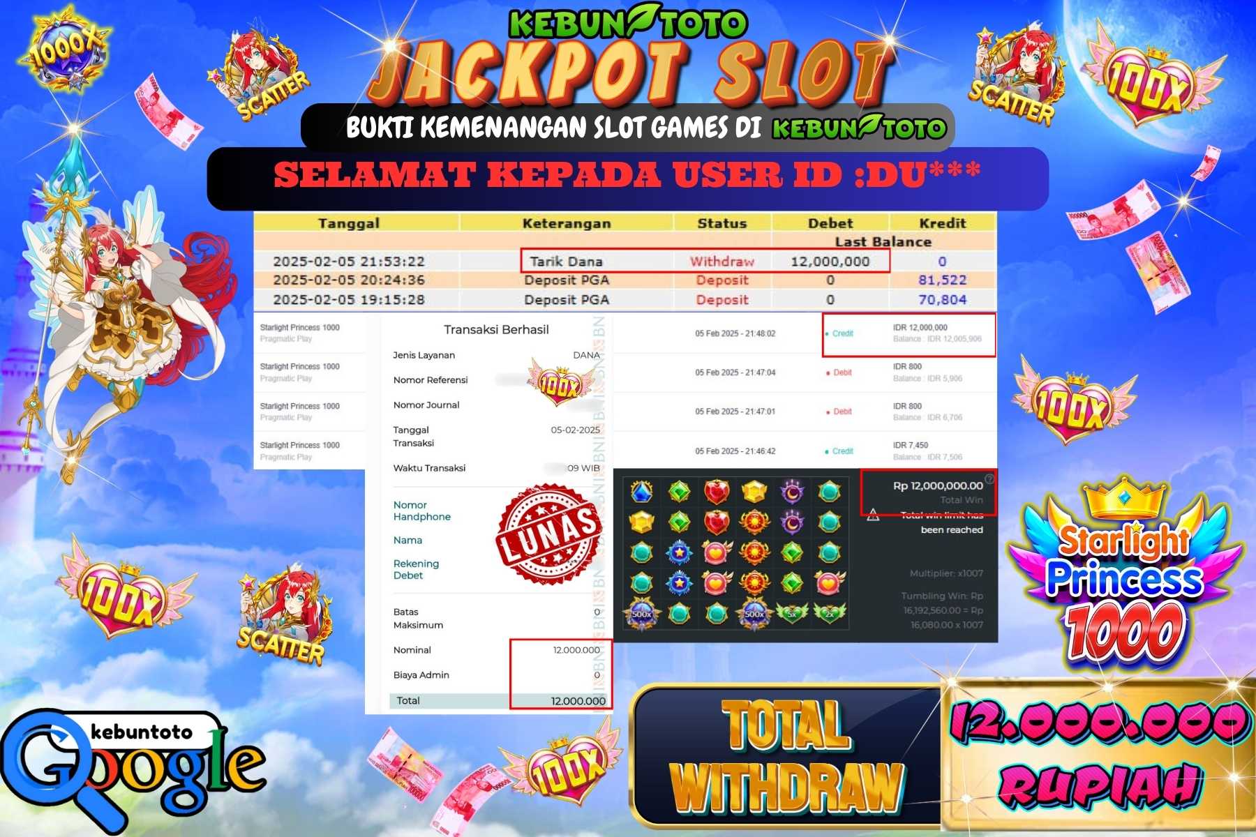 KEBUNTOTO JACKPOT SLOT STARLIGHT PRINCESS 1000 , Sebesar Rp 12.000.000,- LUNAS