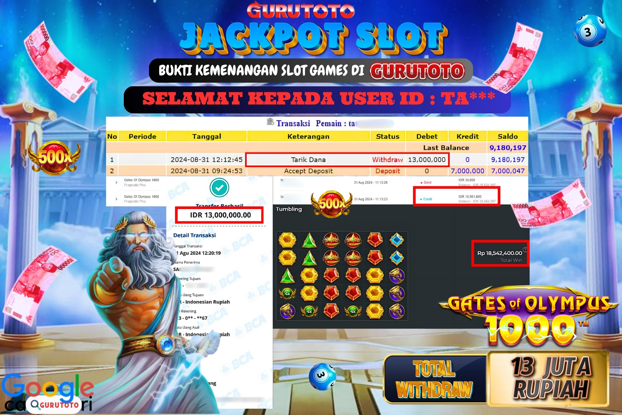 Jackpot Slot Gates of Olympus 1000 di Gurutoto sebesar Rp.13.000.000 dibayar lunas.