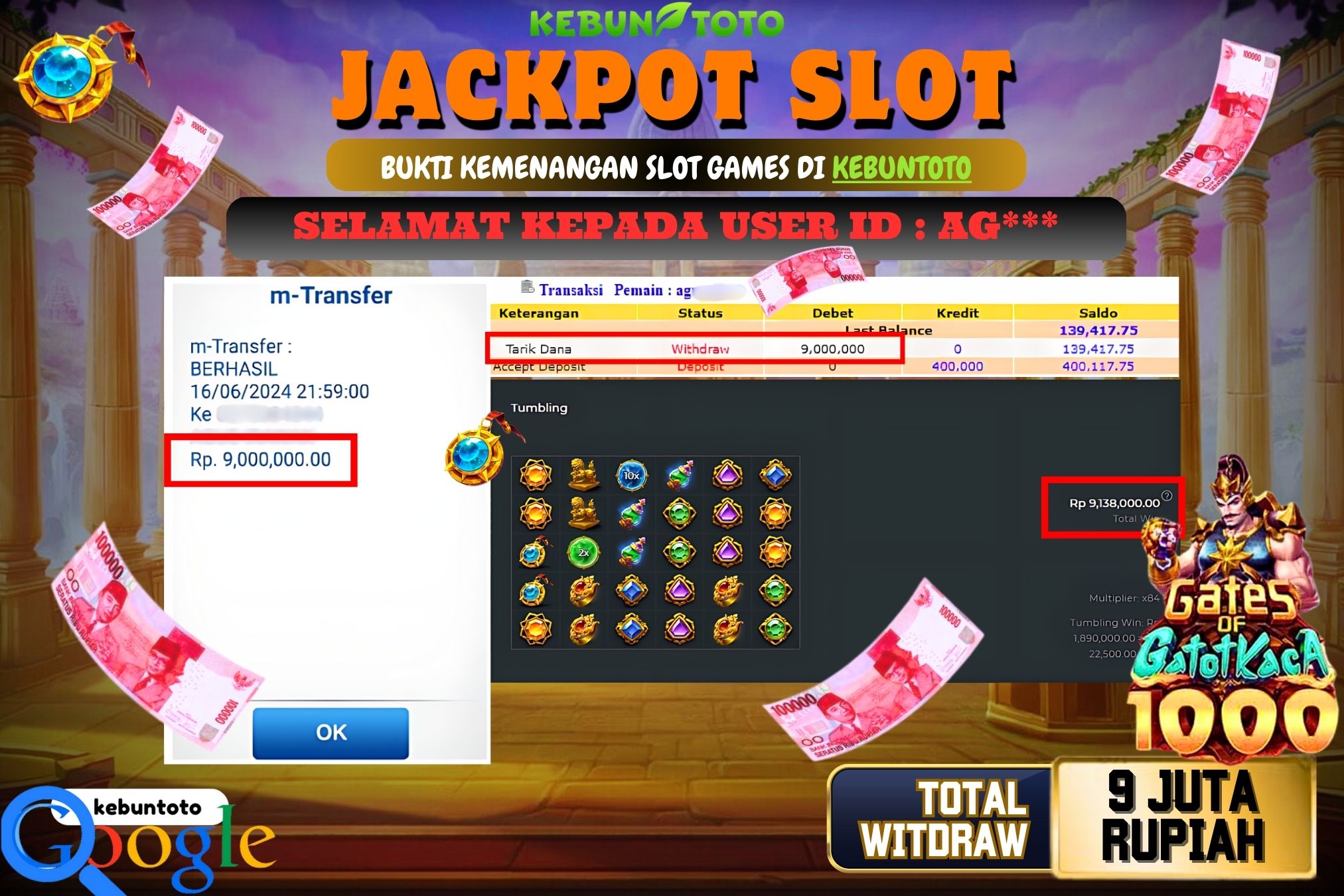 KEBUNTOTO JACKPOT SLOT GATES OF GATOT KACA 1000 Rp.9.000.000,- LUNAS