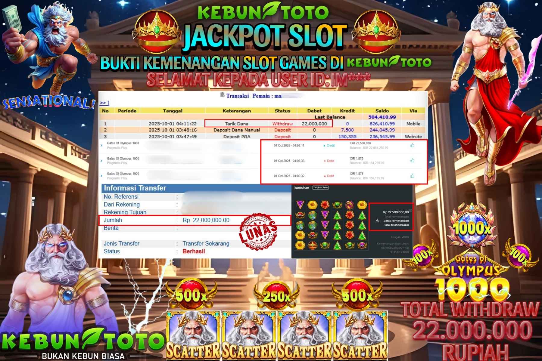 Bukti Kemenangan Rp 22.000.000 SLOT GATES OF OLYMPUS 1000 di KEBUNTOTO!