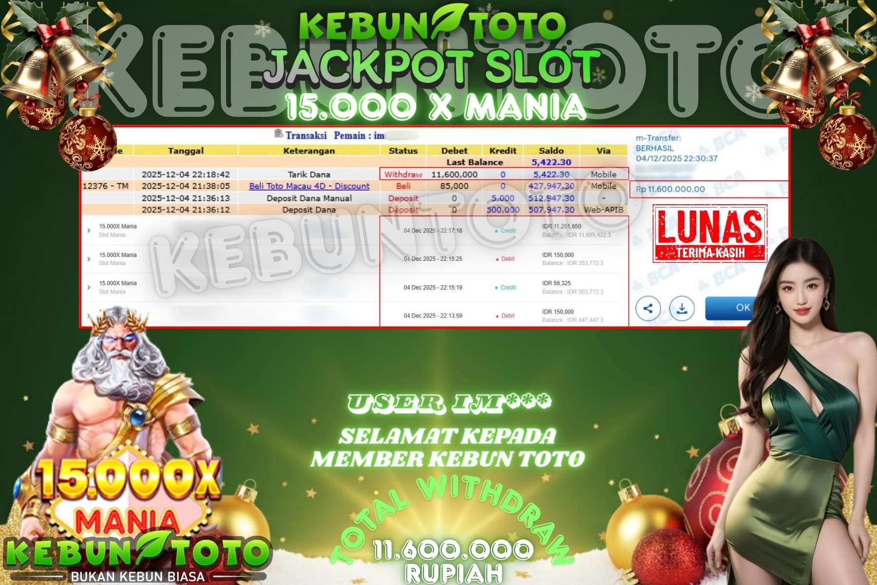Bukti Kemenangan Rp 11.600.000 SLOT 15.000 X MANIA di KEBUNTOTO!