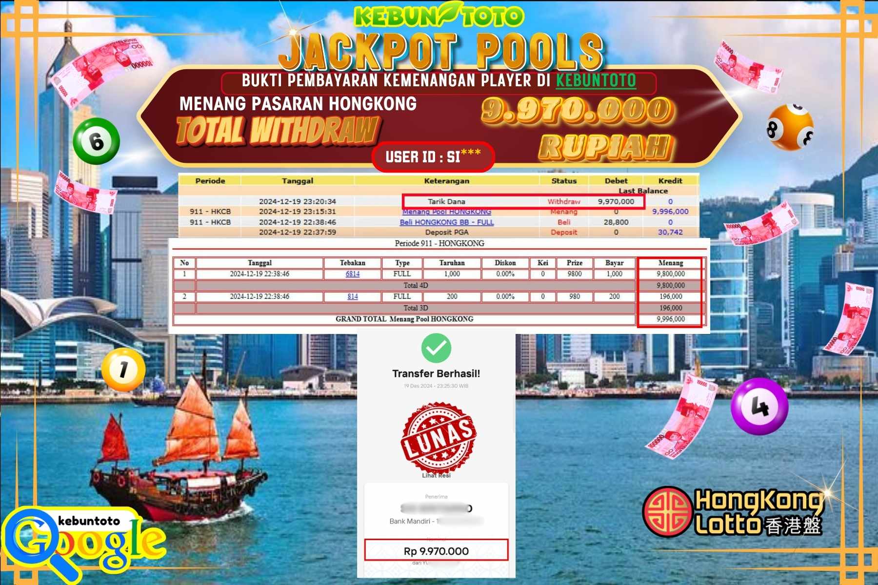 KEBUNTOTO JACKPOT TOTO HONGKONG POOLS , Sebesar Rp.9.970.000,- LUNAS