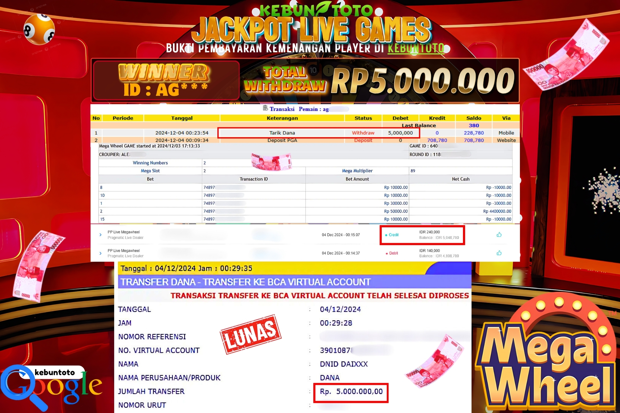 KEBUNTOTO JACKPOT LIVE GAMES PP LIVE MEGAWHEEL Rp.5.000.000,- LUNAS