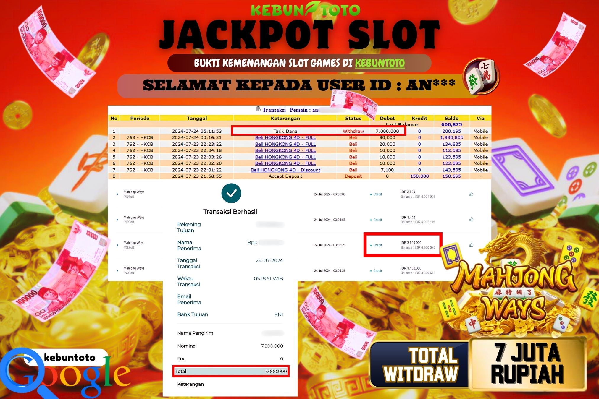 KEBUNTOTO JACKPOT SLOT MAHJONG WAYS Rp.7.000.000,- LUNAS
