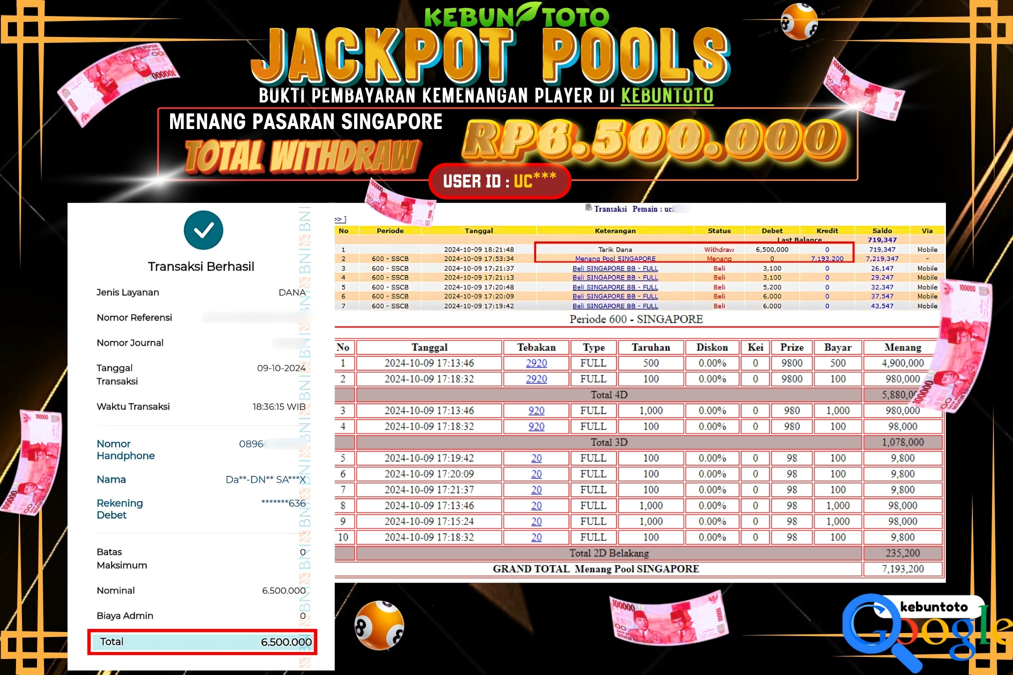 KEBUNTOTO JACKPOT TOGEL PASARAN SINGAPORE Rp.6.500.000,- LUNAS