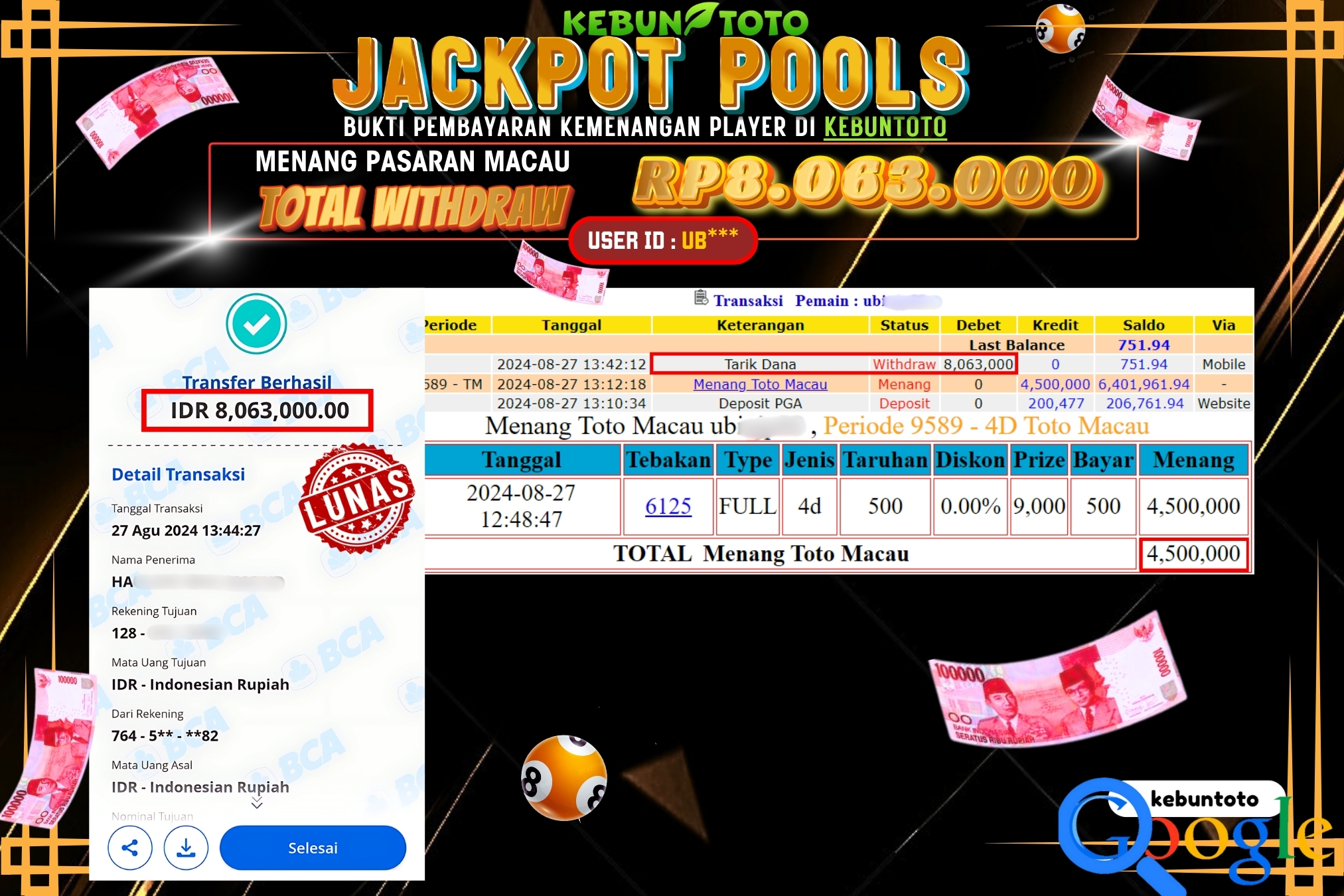 KEBUNTOTO JACKPOT TOGEL PASARAN MACAU Rp.8.063.000,- LUNAS