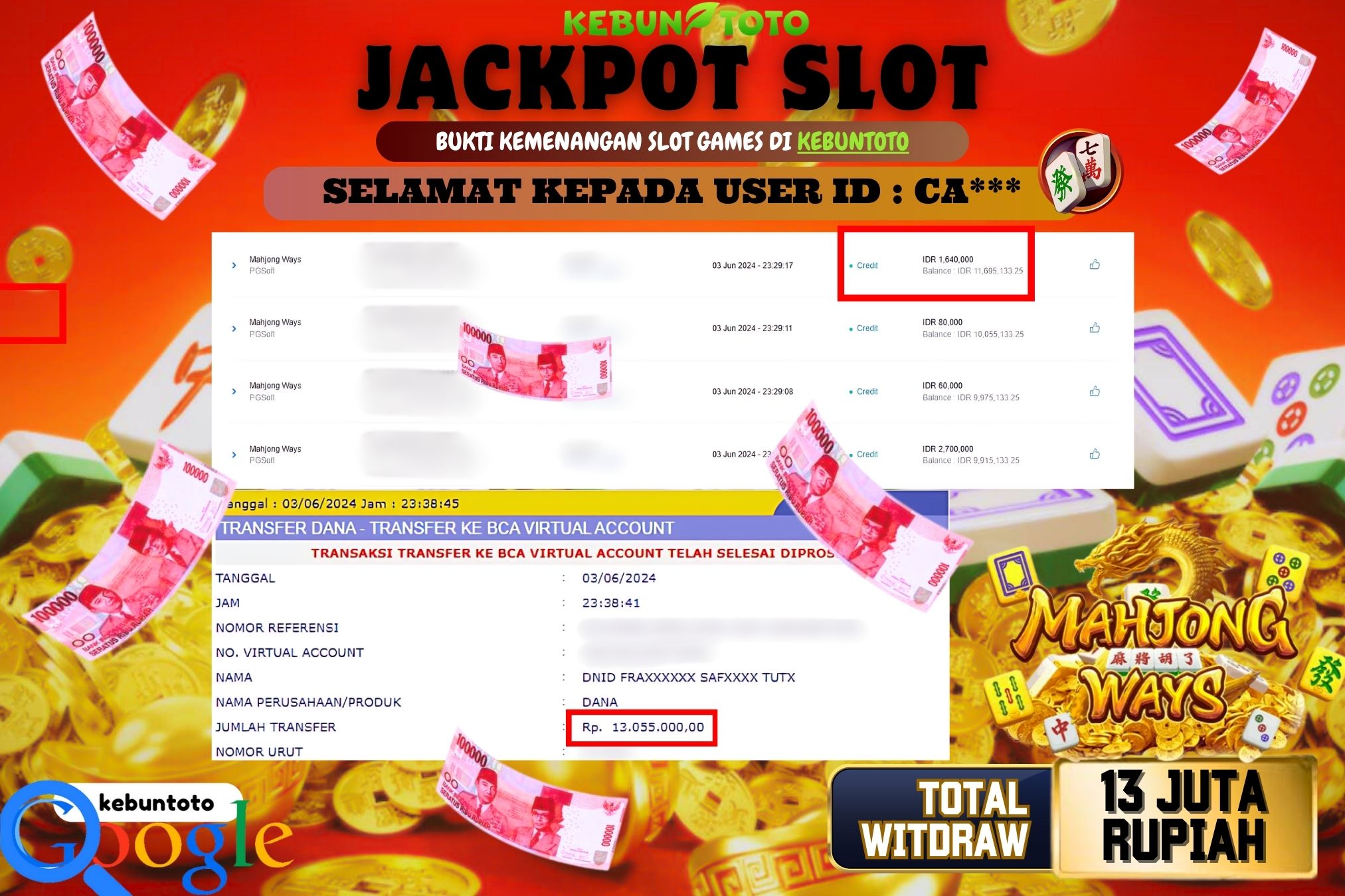 KEBUNTOTO JACKPOT SLOT MAHJONG WAYS Rp.13.055.000,- LUNAS