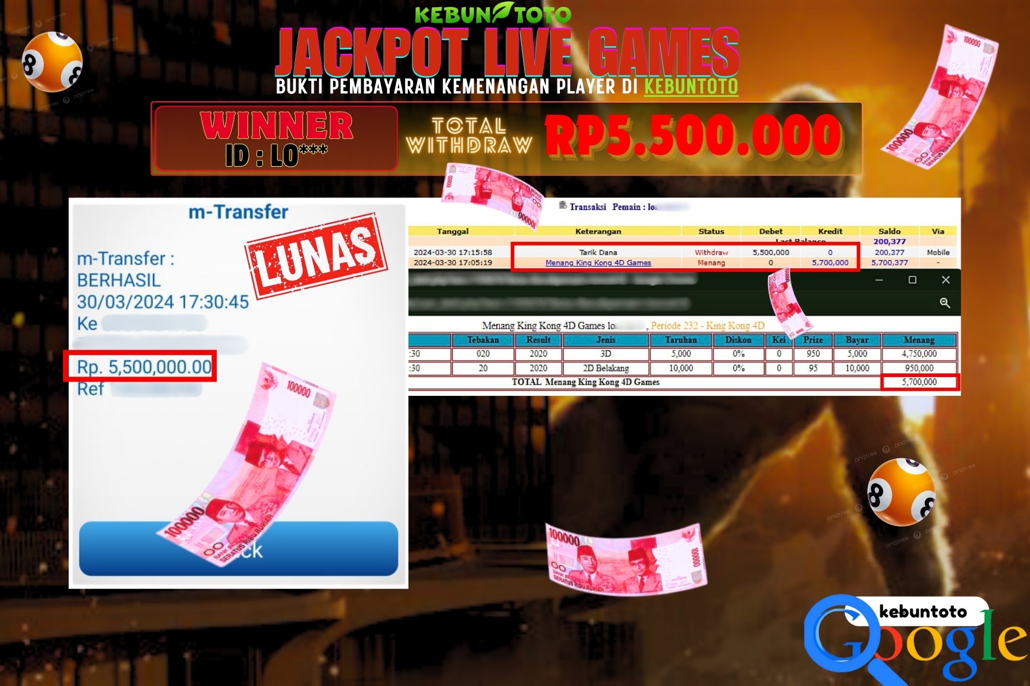 KEBUNTOTO JACKPOT LIVE GAMES KING KONG 4D Rp.5.500.000,- LUNAS