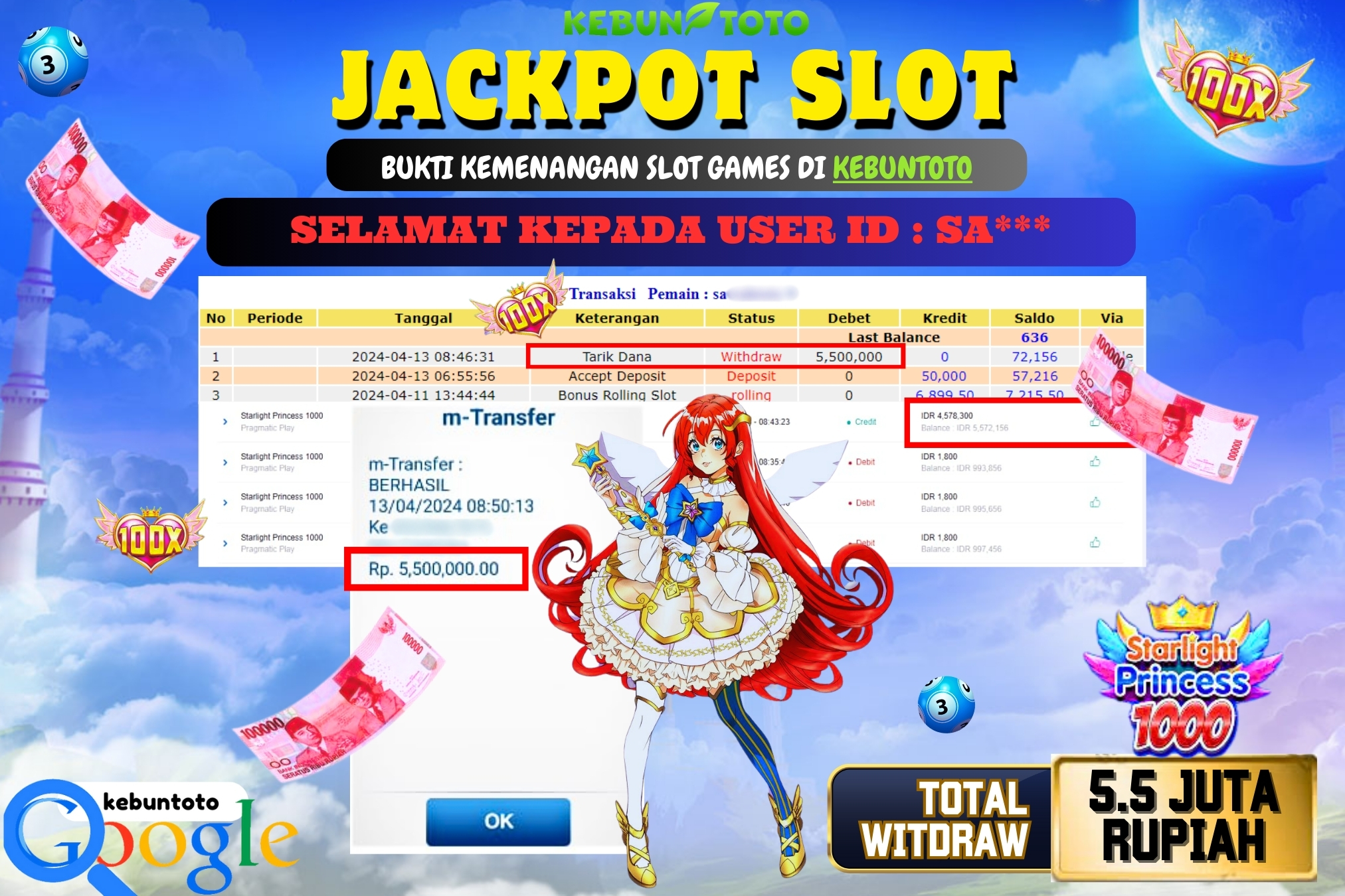 KEBUNTOTO JACKPOT SLOT STARLIGHT PRINCESS 1000 Rp.6.000.000,- LUNAS