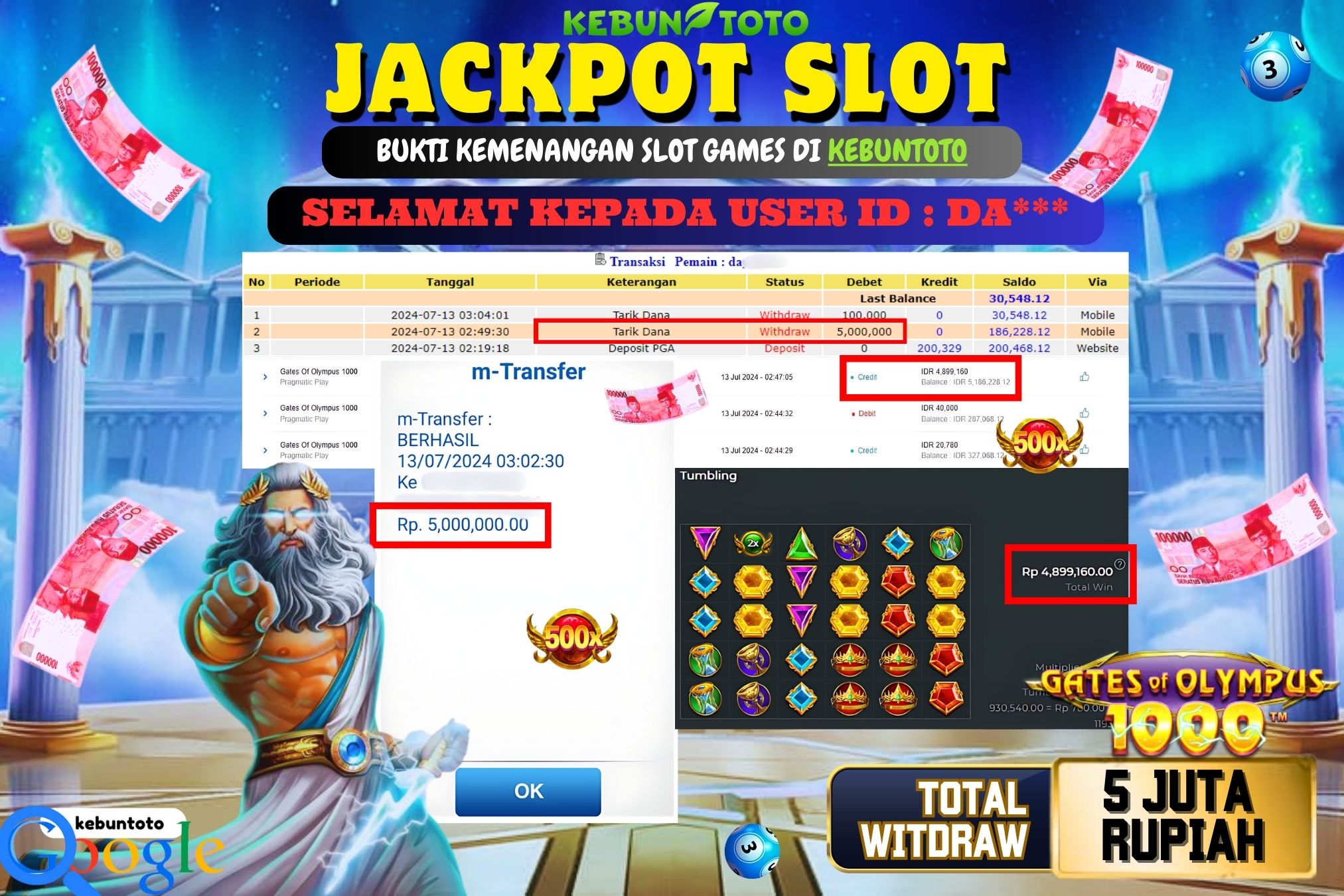 KEBUNTOTO JACKPOT SLOT GATES OF OLYMPUS 1000 Rp.5.000.000,- LUNAS