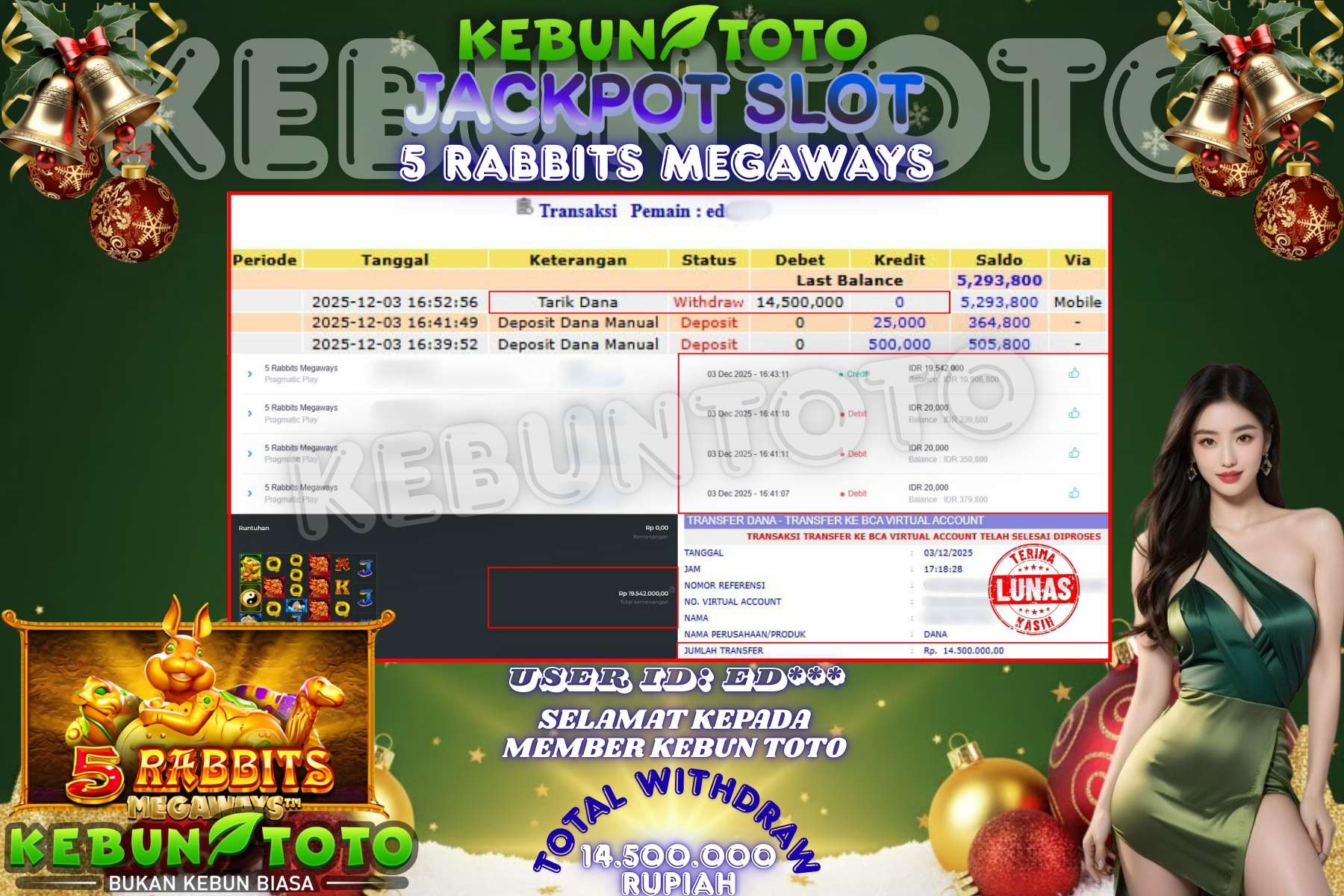 Bukti Kemenangan Rp 14.500.000 SLOT 5 RABBITS MEGAWAYS di KEBUNTOTO!