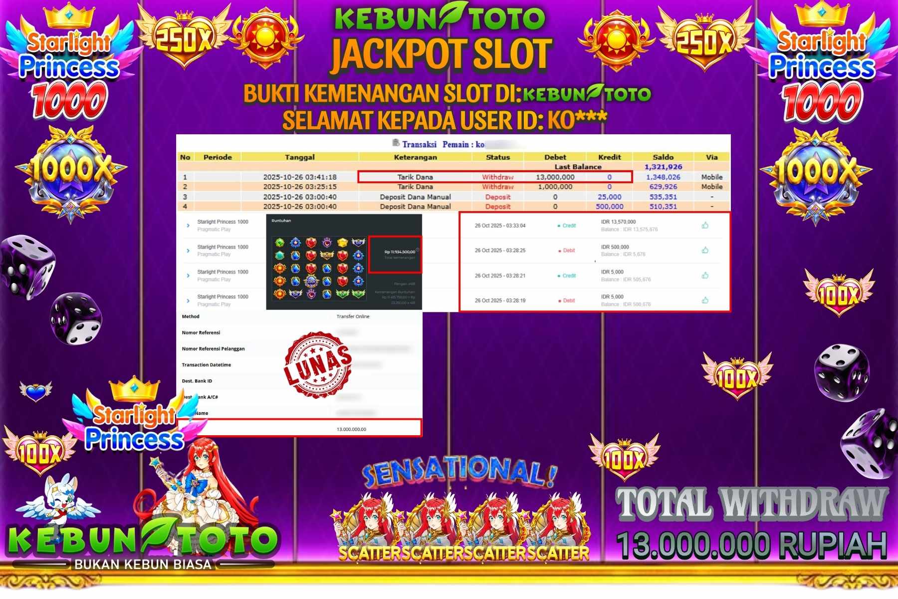 Bukti Kemenangan Rp 13.000.000 SLOT STARLIGHT PRINCESS 1000 di KEBUNTOTO!