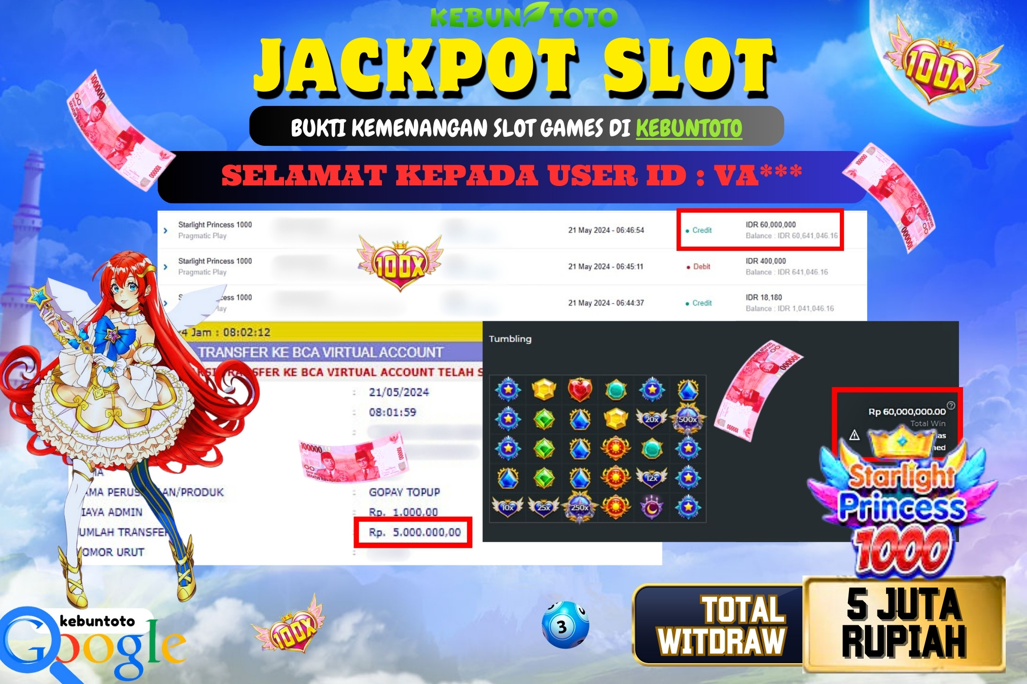KEBUNTOTO JACKPOT SLOT STARLIGHT PRINCESS 1000 Rp.5.000.000,- LUNAS