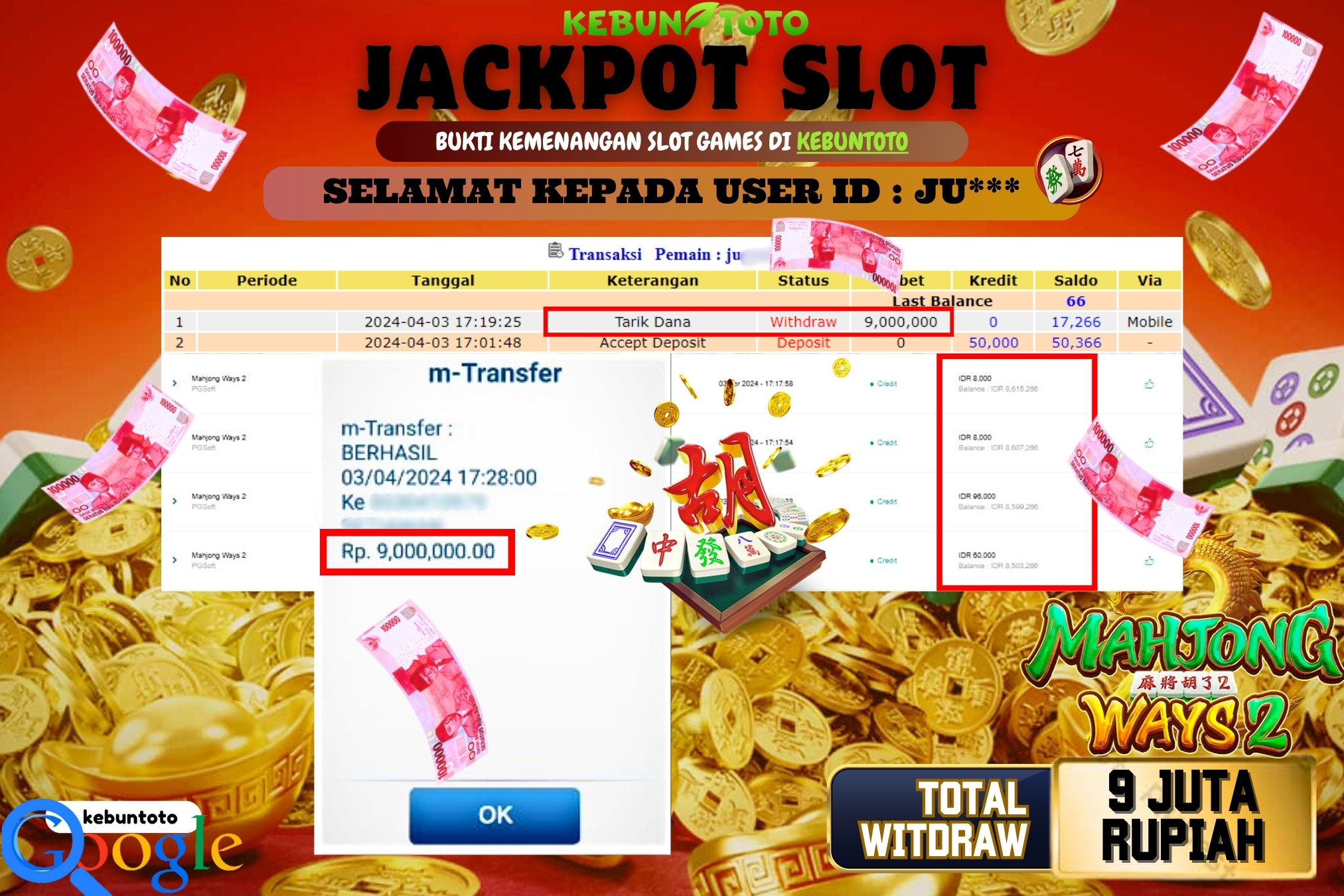 KEBUNTOTO JACKPOT SLOT MAHJONG WAYS 2 Rp.9.000.000,- LUNAS