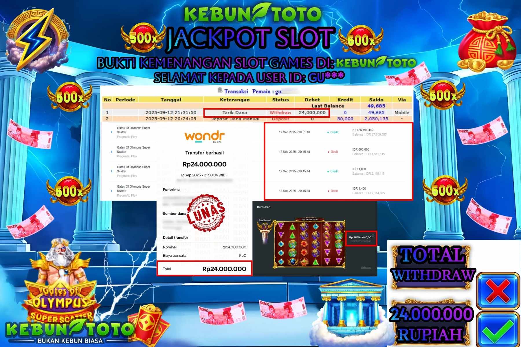 Bukti Kemenangan Rp 24.000.000 SLOT GATES OF OLYMPUS SUPER SCATER di KEBUNTOTO!