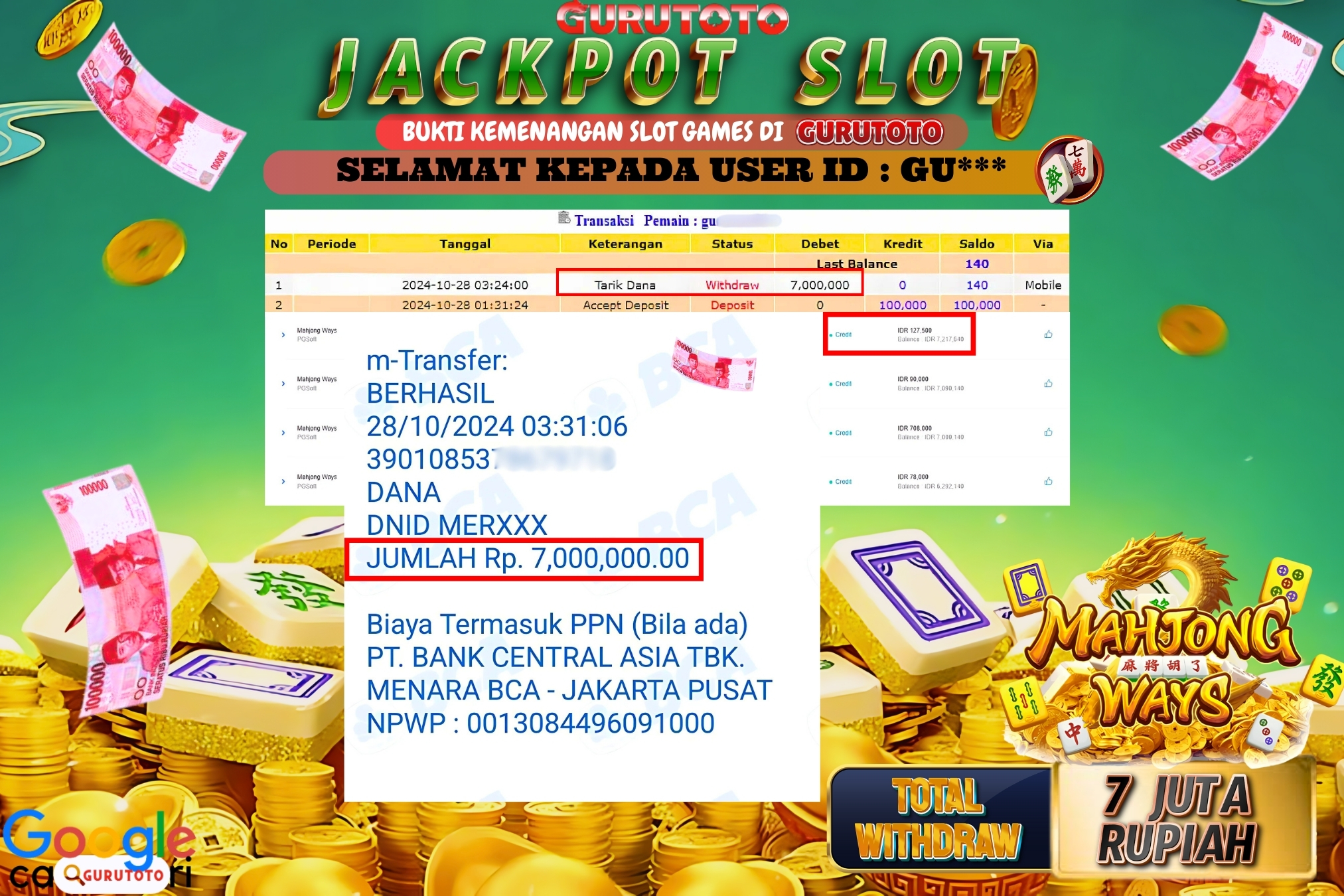 Jackpot Slot Mahjong Ways di Gurutoto sebesar Rp.7.000.000 dibayar lunas.